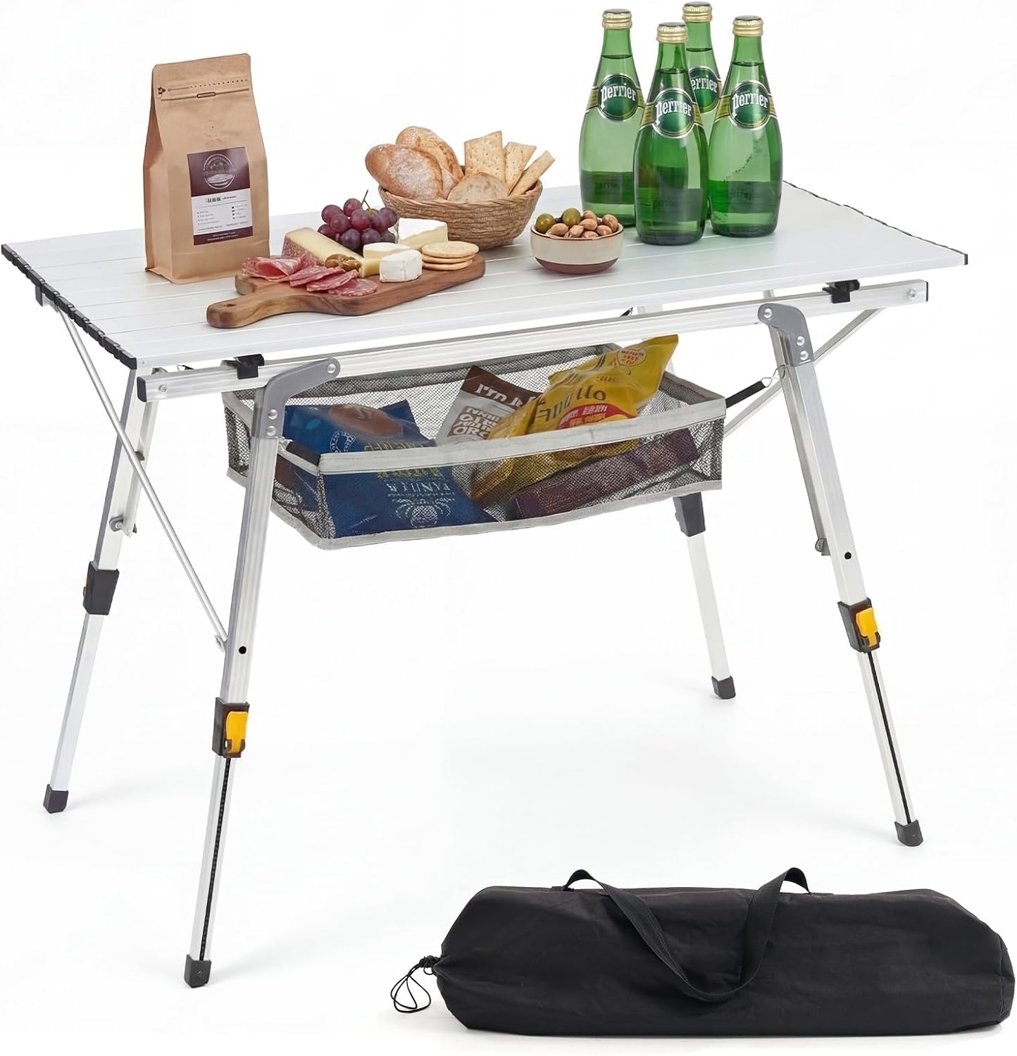 Camping Table Portable Foldable with Adjustable Legs, Aluminum Roll Up Table with Large Mesh Storage Layer & Carrying Bag, Lightweight Outdoor Picnic Table for Camping, Beach, BBQ, Backyard