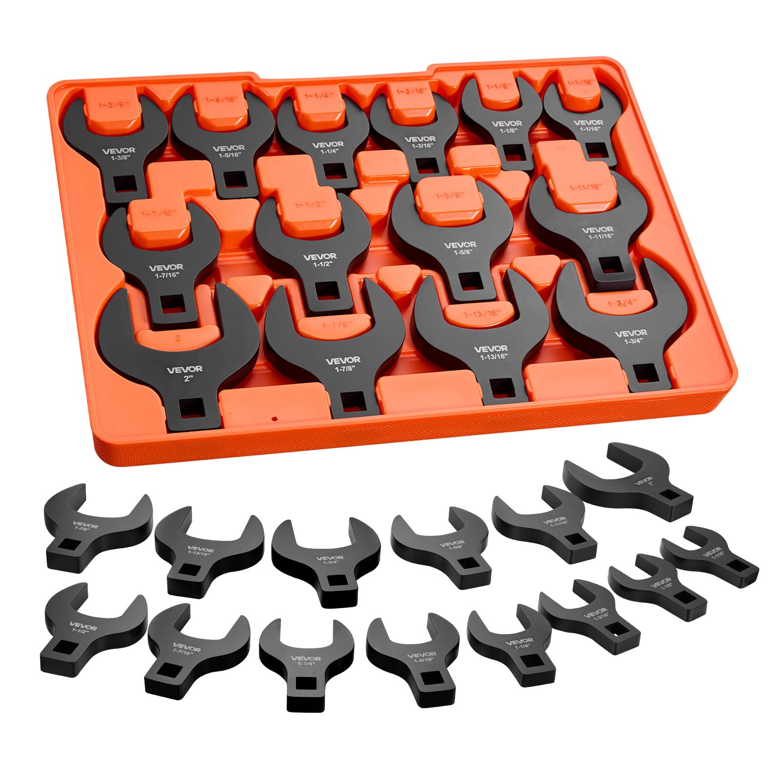 VEVOR Set Chiavi per Dadi Svasati per Auto, Chiavi a Forcella Aperta Attacco 1/2", 14 Pezzi SAE da 1-1/16" a 2", Acciaio Lega 40Cr, con Doppia Marcatura Dimensioni e Vassoio, per Furgoni Autoveicoli