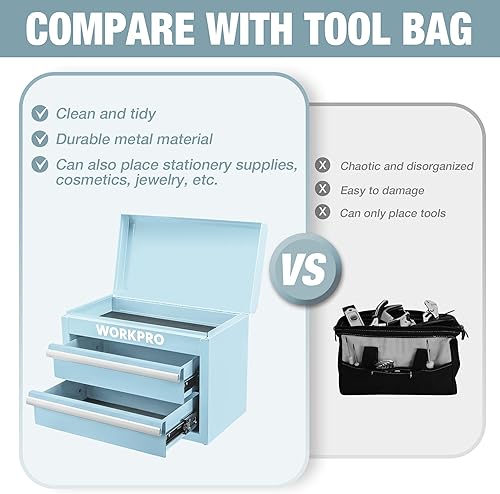 Miniatura 5 de WORKPRO Mini caja de herramientas de metal, caja de herramientas superior que contiene dos cajones con deslizadores de rodamientos de bolas, forros