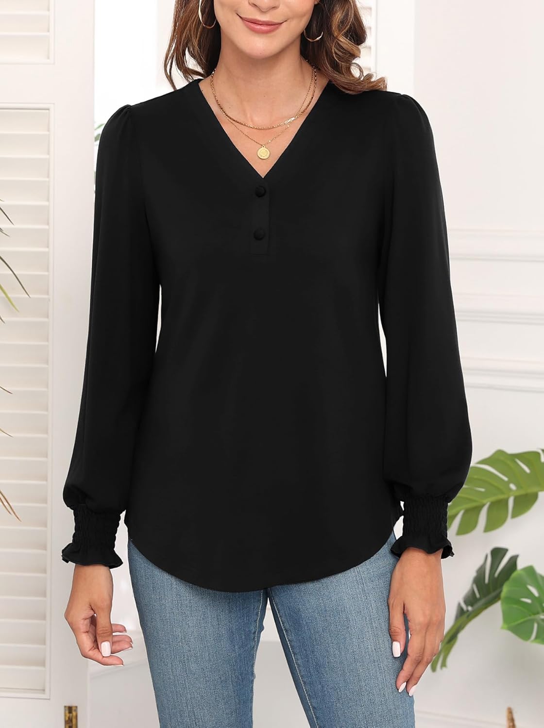 WEACZZY Womens Tops Long Sleeve Fall Shirts for Women Dressy Casual Button V Neck Tunic Blouse Ruffle Cuffs T-Shirts 2025 - Image 4