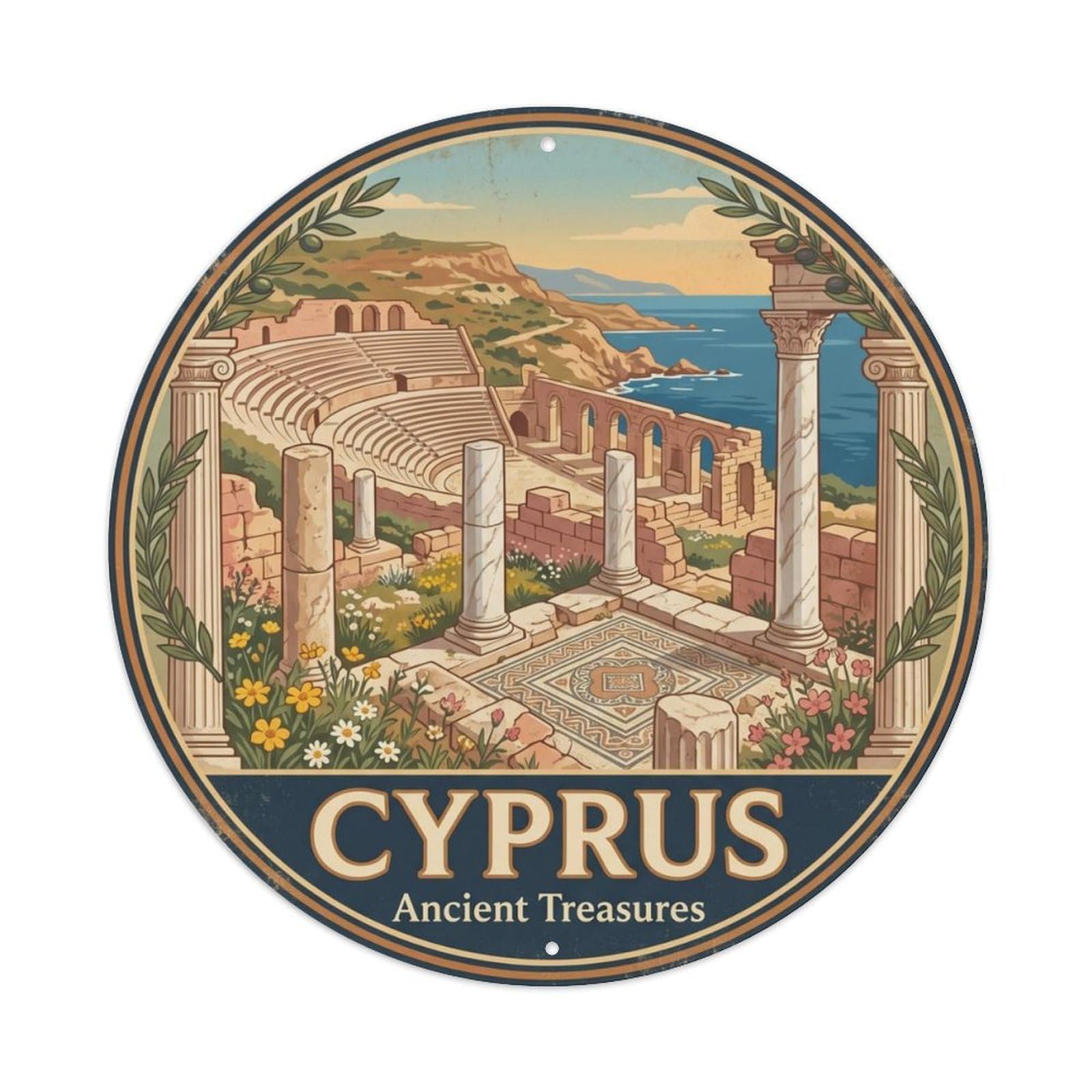 Vintage Travel Cyprus Ruins Ancient Metal Tin Sign Plaque Wall Decor for Cafe, Club Bar, Office, Home Garden Round Metal Poster 8x8Inch