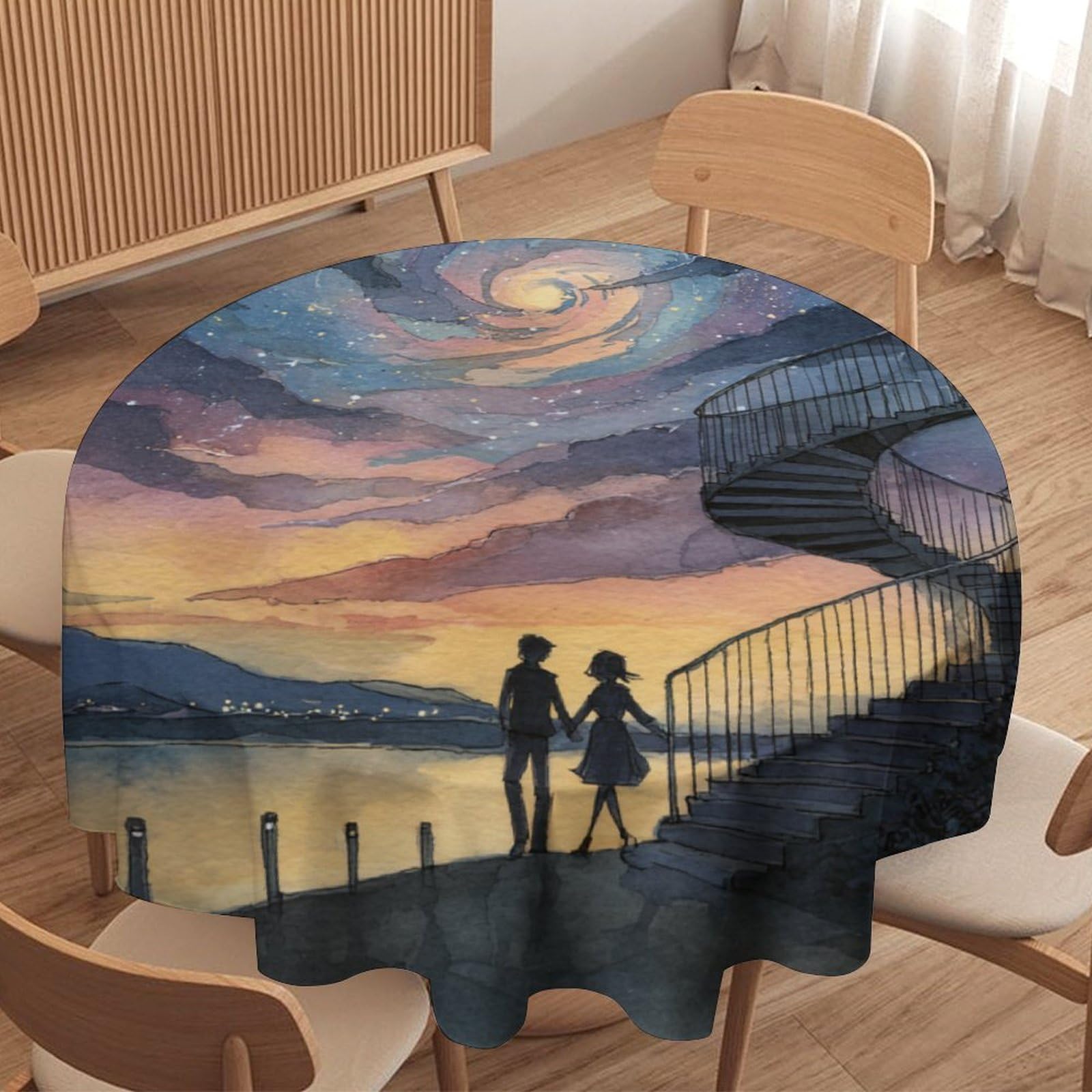 LUYYSKY Classic Fantasy Starry Night Round Tablecloth Rustic Colorful Galaxy Sky Nebula Romantic Couple Washable Decor for Table Cover for Kitchen-177.8" Wx177.8 L cm