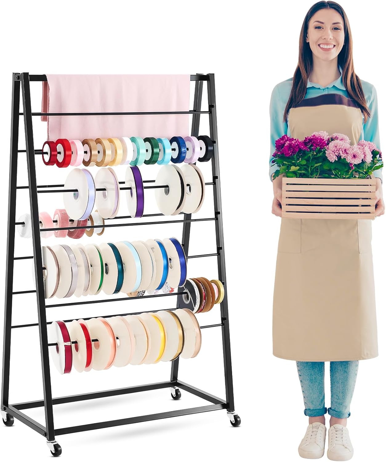 Menkxi 15 Tier Metal Ribbon Organizer Movable Ribbon Holder Wreath Crochet Rolls Holder Storage Organizer for Sewing Craft Cake Shop Flower Shop Store Gift Warping