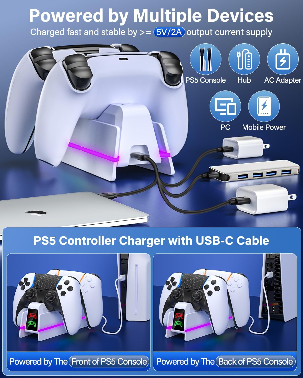 PS5-Controller-Charger for PlayStation-5-Dualsense-Edge, 9 Colors LED PS5 Charging Station for PlayStation 5 Controller Charger, Charging Dock and Holder Stand for PS5/Slim/Pro Remote Accessorise - Image 4