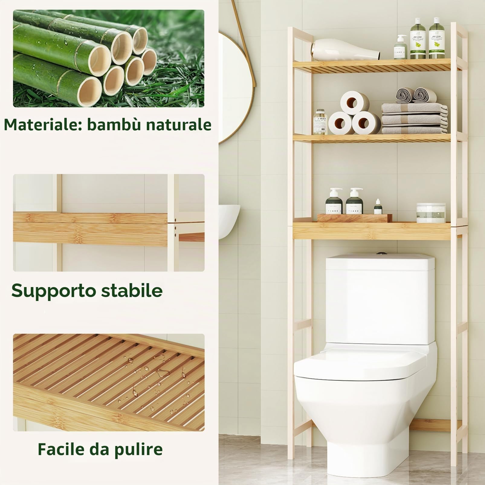 Mobile Sopra Lavatrice, Scaffale Lavatrice a 3 Ripiani in Bambù, per Bagno, Cucina, Soggiorno, 66.5x26x170cm