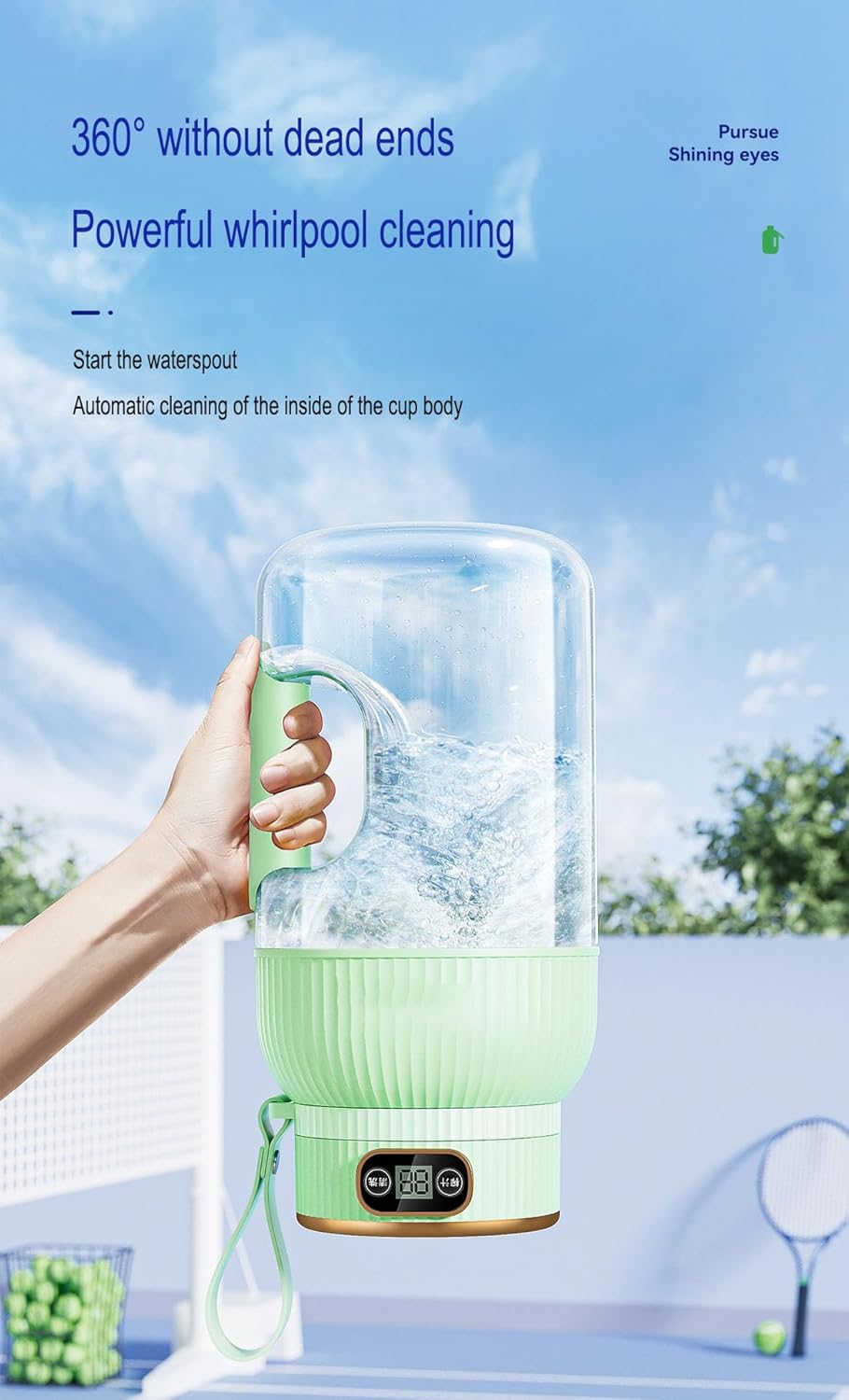 The portable blender performing a self-cleaning cycle with water swirling inside the cup.