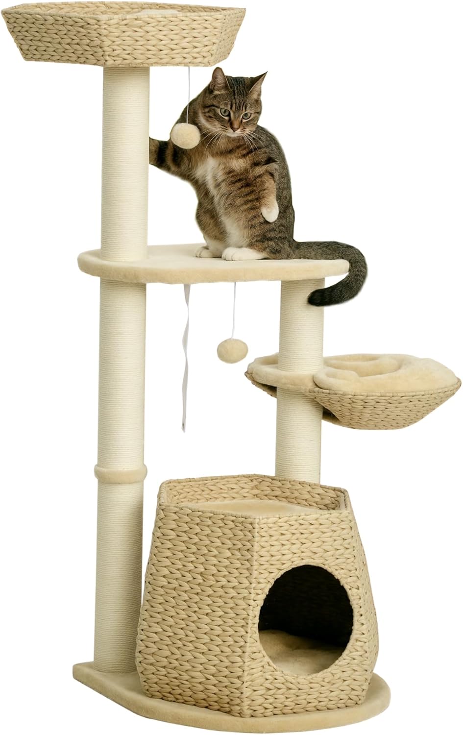 PawHut Cat Tree Scratching Post Pet Furniture Height 119 cm Reinforced Columns with Hammock House 2 Hanging Balls