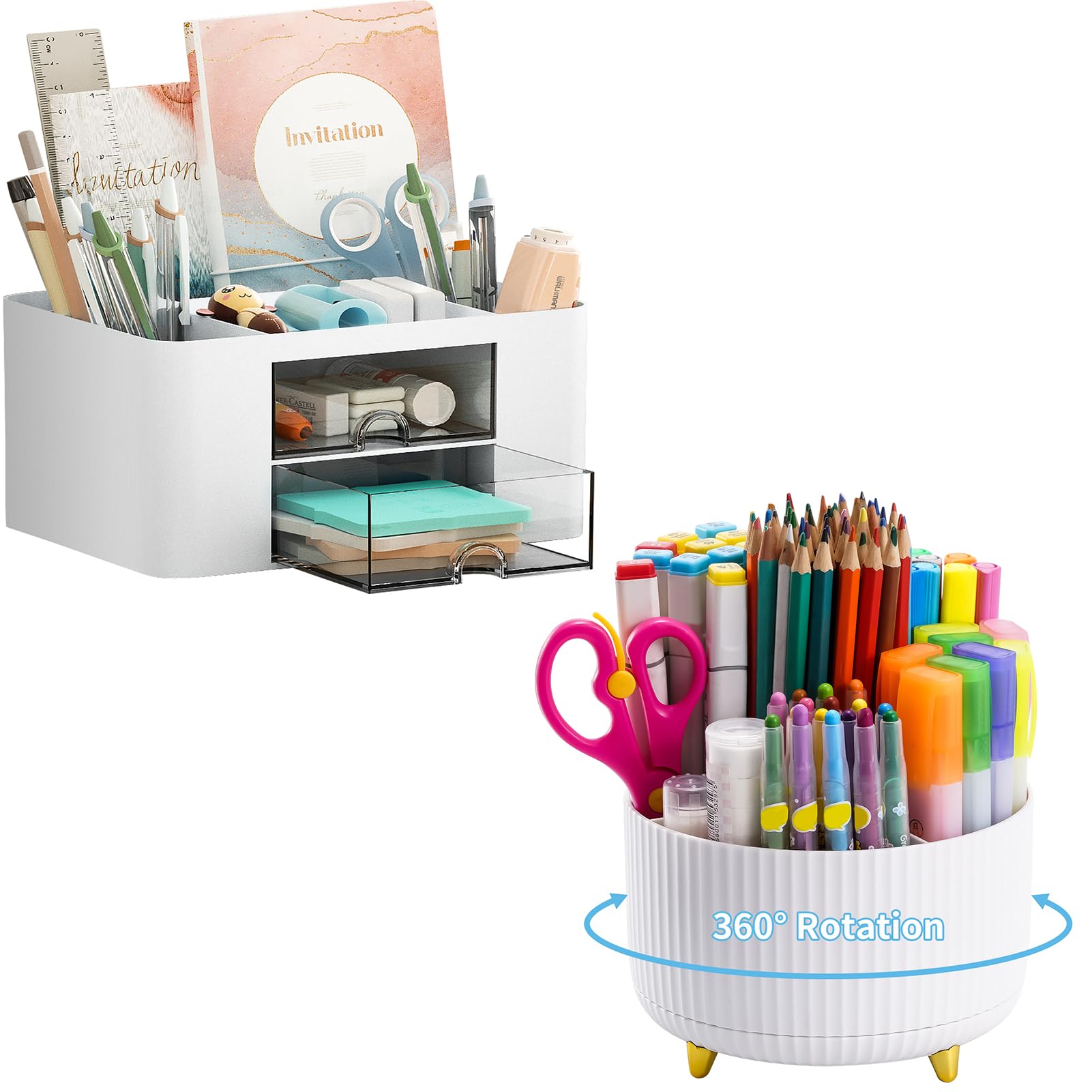 MarbrassePen Organizer with 2 Drawer + 360-Degree Rotating Pen Holder for Desk