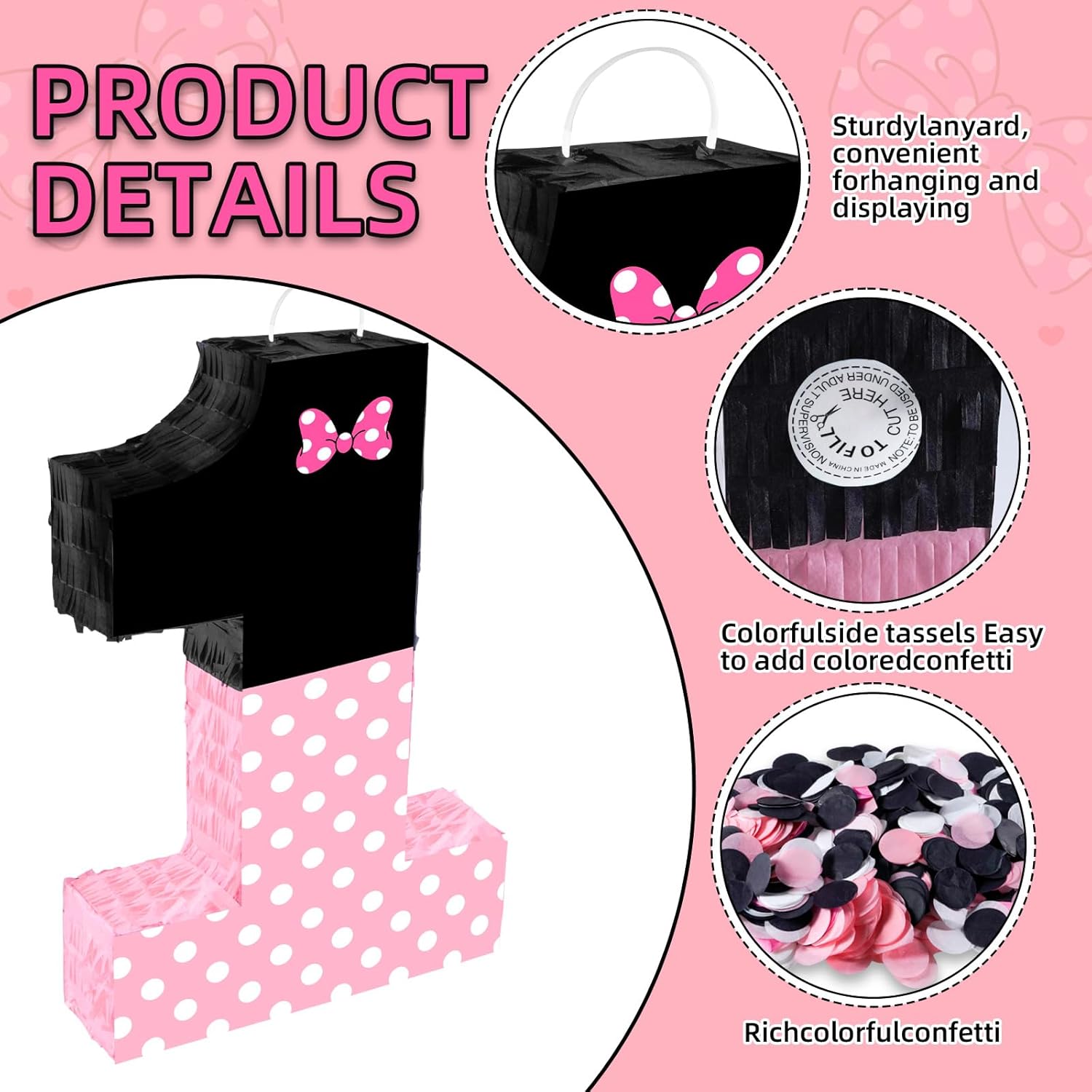 15.7 x 11.5 x 3 Inch Pink Bow Number 1 Pinata,Pink Bow Birthday Decorations, Fillable Hanging Piñata with Stick Blindfold Confetti for Girls Boys 1st Anniversary Party Decorations