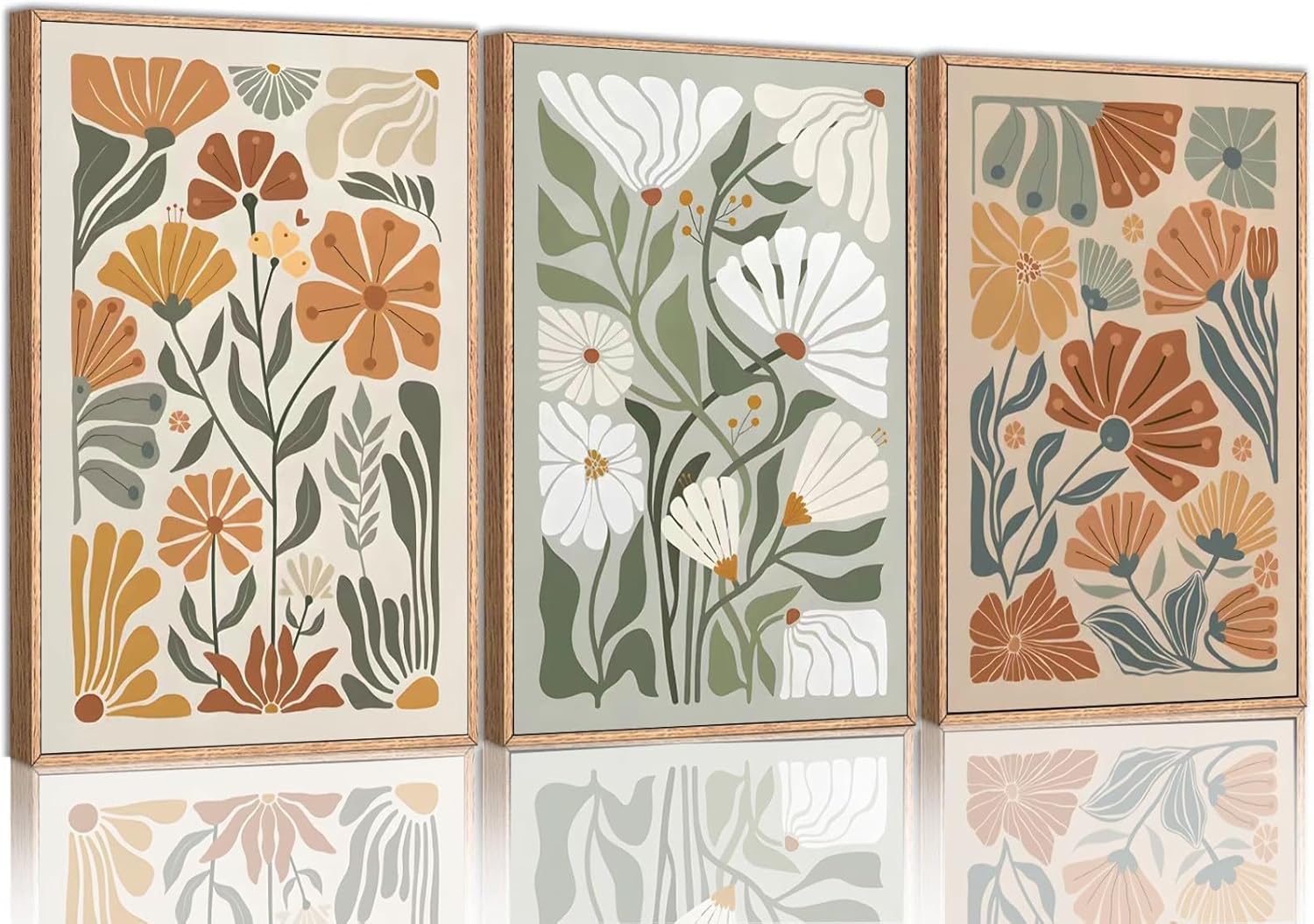 KISSFOX Framed Canvas Wall Art Abstract Floral Botanical Print Set of 3 Green Beige Wildflower Flower Market Paintings Boho Modern Minimalist Pictures Decor Bedroom Bathroom Living Room 16"x24" Green Beige 16"x24" Natural Framed