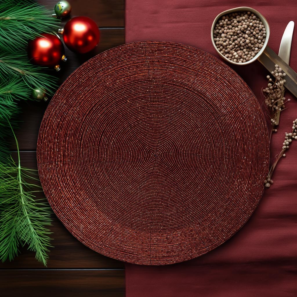 COTTON CRAFT Beaded Charger Placemats - Set of 4 Handmade Glitz Placemats - Harvest Fall Thanksgiving Halloween Holiday Christmas Dining Table Mat - Party Table Décor - 13.5 inches Round - Burgundy