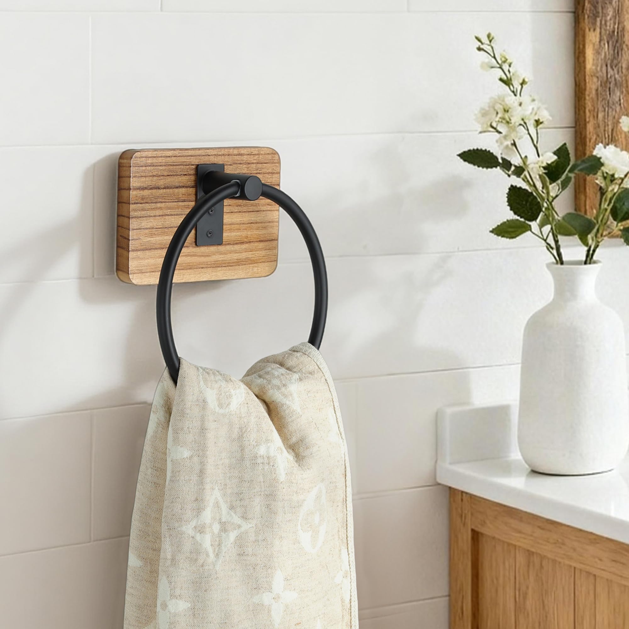 SUNTECH Farmhouse Towel Ring, Rustic Towel Holder Wall Mounted, Wooden Base