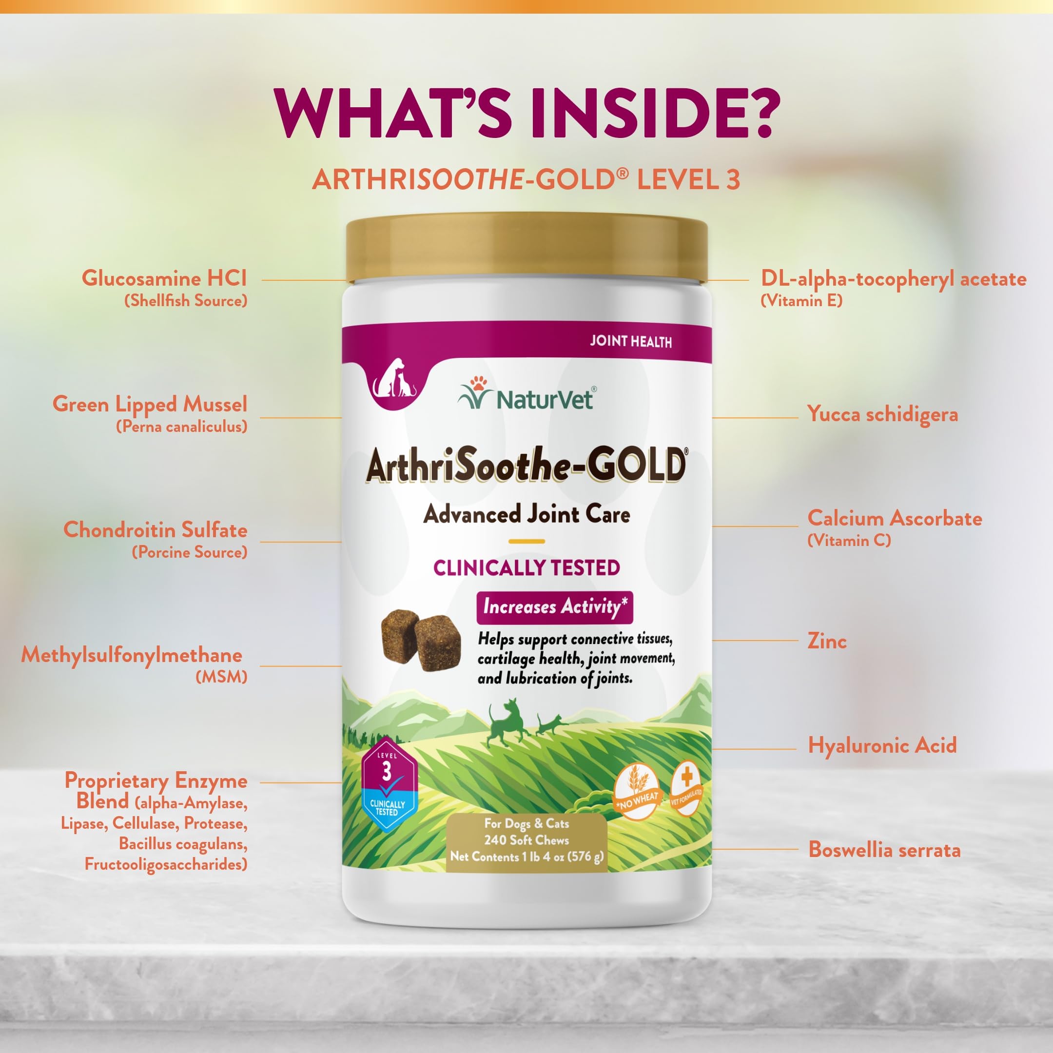 NaturVet Arthrisoothe Glucosamine for Dogs – Dog Supplement with Glucosamine, MSM, Chondroitin & Hyaluronic Acid – ArthriGold Level 3 – 240 Soft Chews - image 4