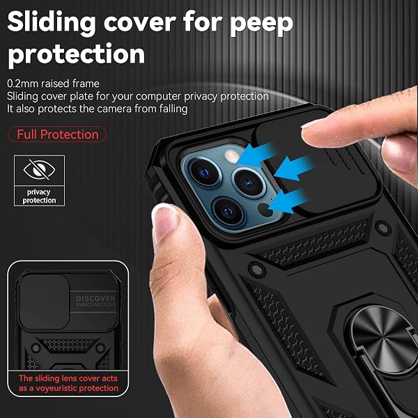 Jiyu Funda Compatible con iPhone 12 Pro MAX 6.7" Carcasă Armor Militar Cubierta de Cámara Deslizante Proteger Fundas con 360 Full Protección Anillo Soporte Silicona Estuche Cover Case,Negro - 3