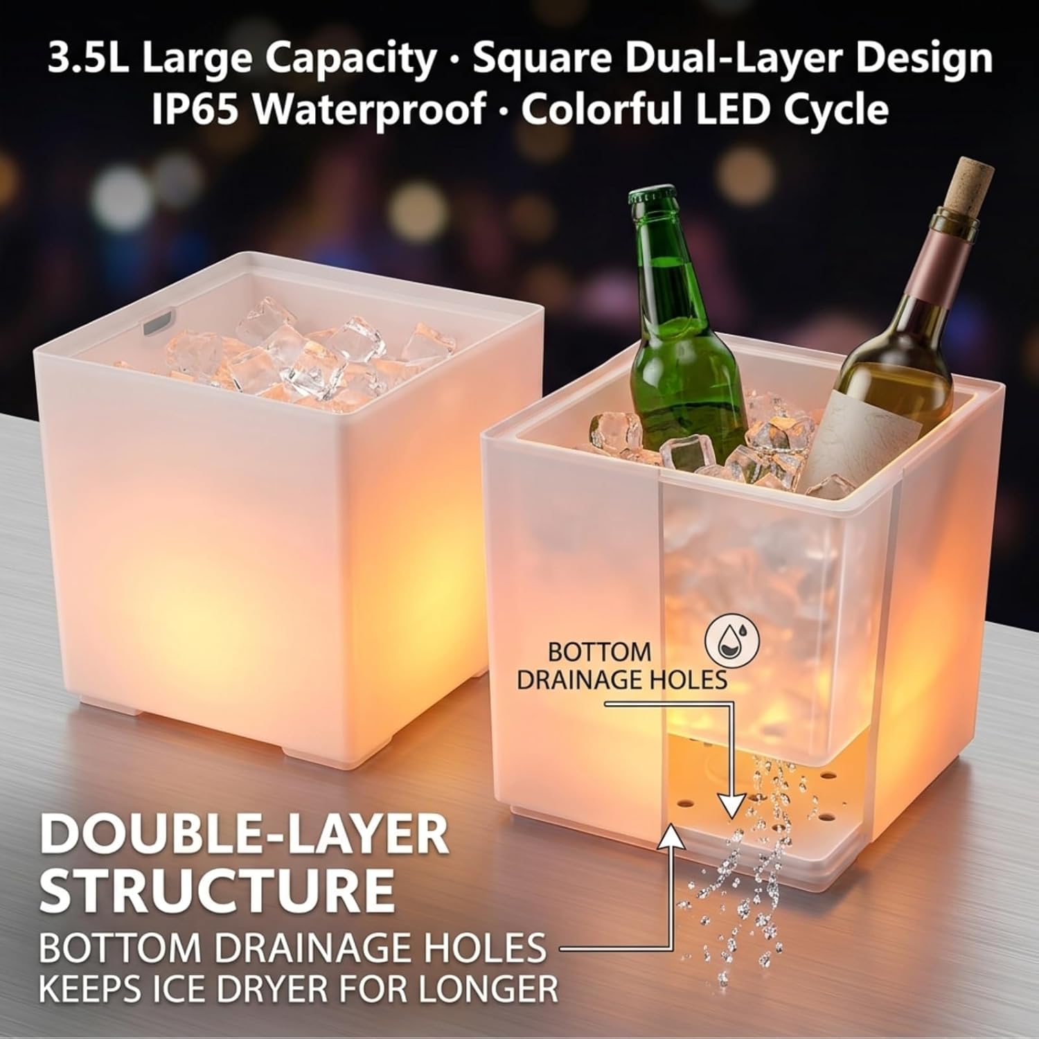 Yosoo Health Gear LED Ice Bucket 3.5L, Double Layer Square Storage Cube Beer Ice Buckets, Portable Champagne Wine Drinks Cocktail, 1PCS