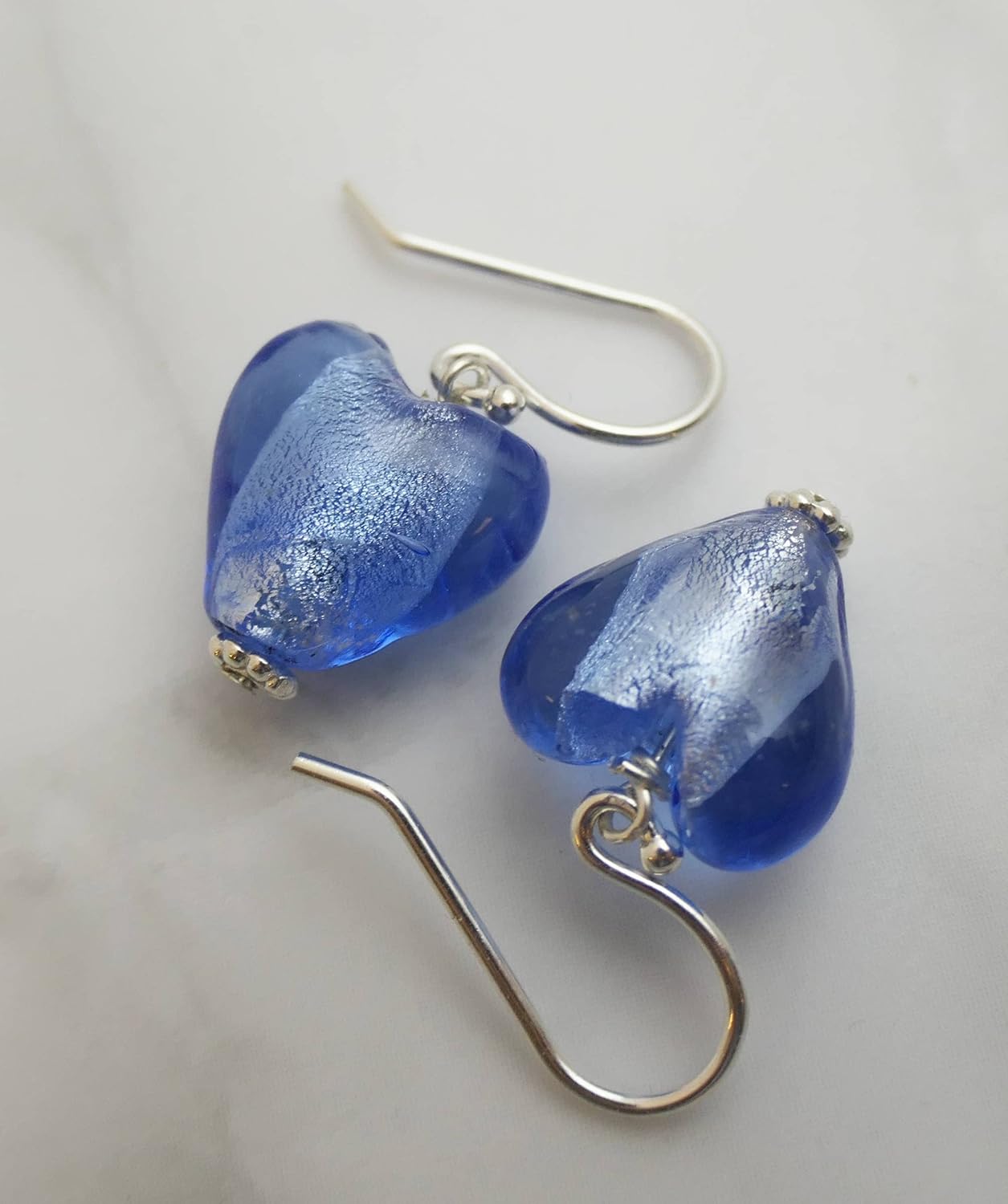 12mm Glass Heart Sterling Silver Drop Earrings - Handmade Jewellery Gift Ideas for Women and Girls