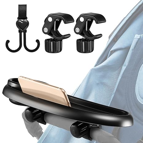 3 in 1 Universal Stroller Tray with Slip Resistant Clip Removable Stroller Cup Holder with Snack Tray Removable Clip Hook Stroller Accessories for Watch Video Travel Mom Baby, Black