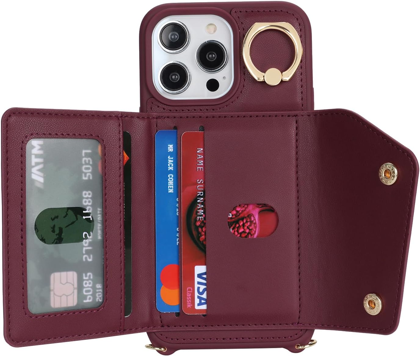 for iPhone 12 Pro Max Case with Card Holder and Strap - Zipper Pocket,Crossbody Lanyard Strap,Credit Card Holder,Stand Ring,Cute Phone Wallet Case for Women(Wine Red,6.7 Inch) - Image 6