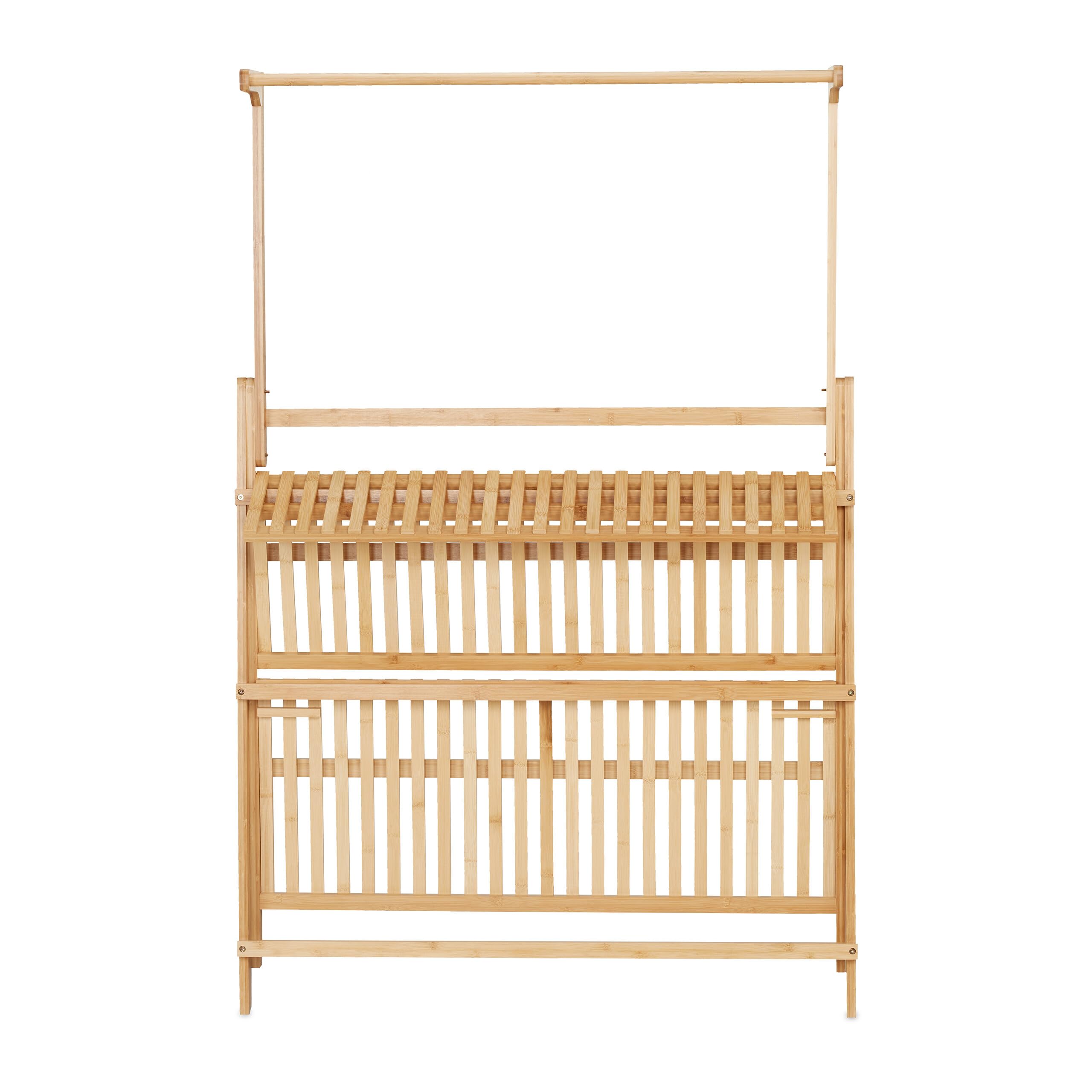 Relaxdays Scaffale Portafiori, Portavasi con 3 Ripiani e Barra di Sospensione, 145,5x100x38 cm Bambù Pieghevole, Marrone