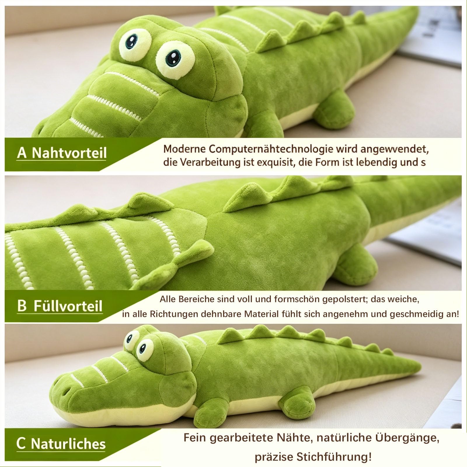 Riesen Krokodil Kuscheltier XXL, weich groß Aligator Stofftier Plüschtier, Weiches Krokodil-Plüschkissen, Plüsch Krokodil Spielzeug Kissen, Krokodilkissen Geschenk für Mädchen Jungen (130cm)