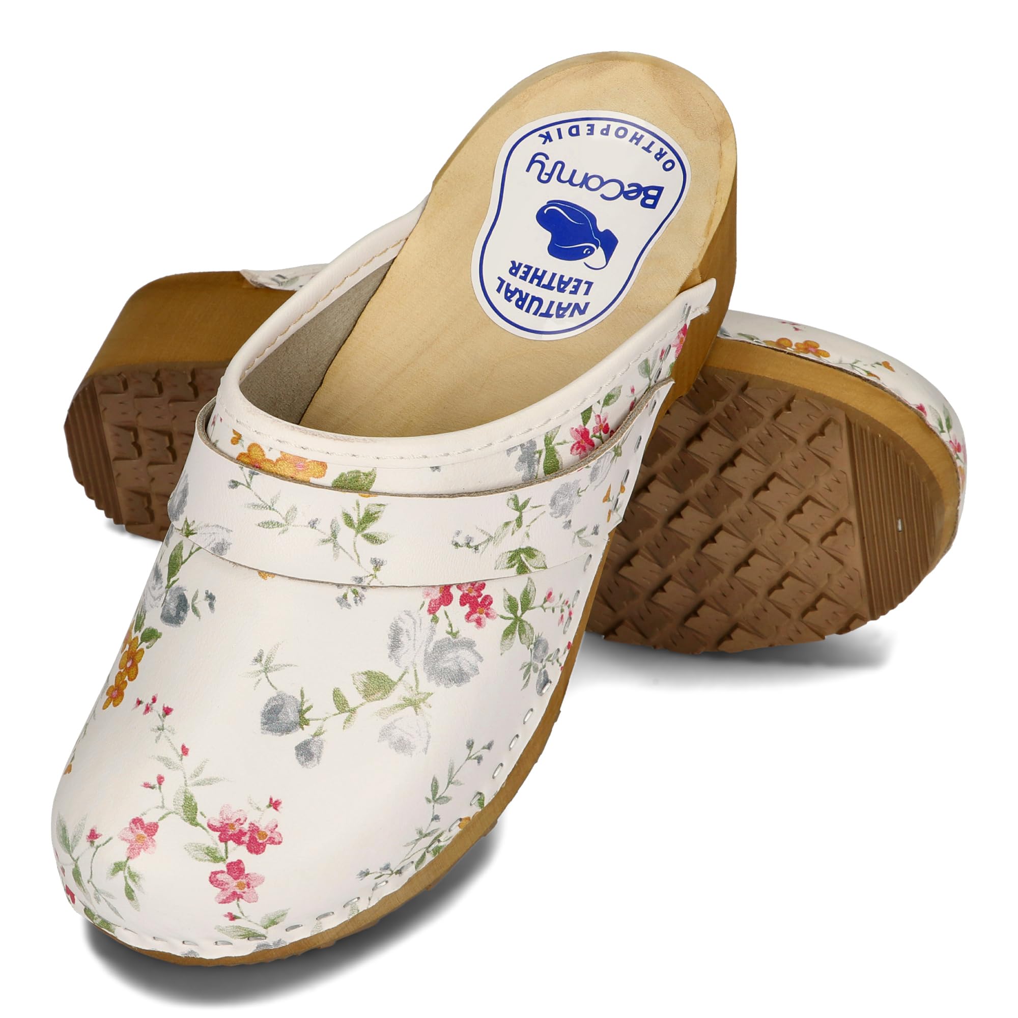 BeComfy Sabots en Cuir pour Femme Mules à Talons en Bois Étoiles Fleurs Colorées Bleu Blanc 35-41 EU