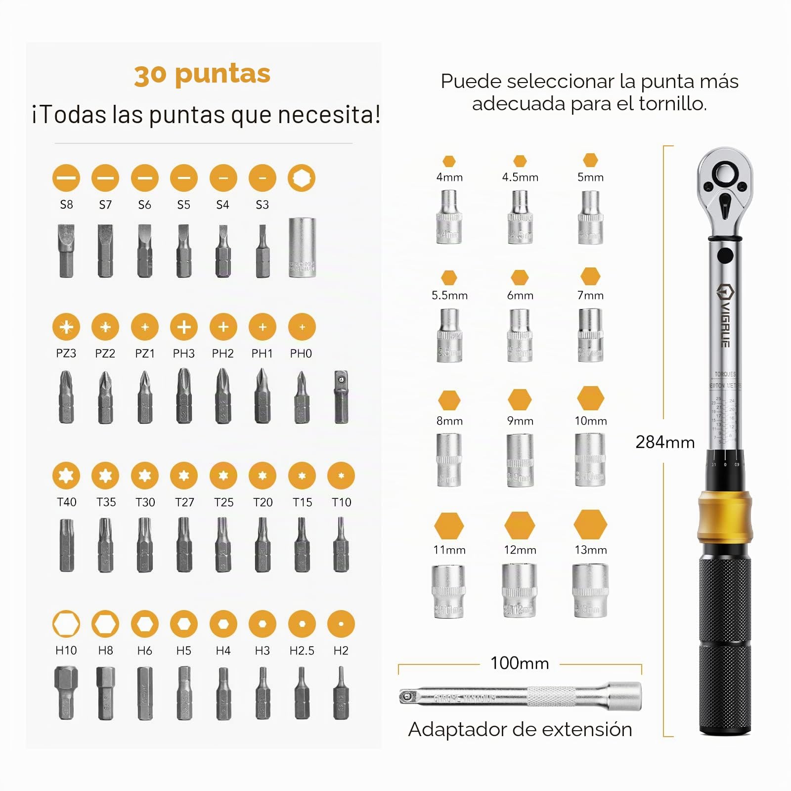 VIGRUE Llave dinamométrica para bicicleta, llave dinamométrica de 1/4 pulgadas, 5-25 Nm, ± 4% de precisión de error con barra de extensión, articulación universal, funda de bujía magnética, puntas