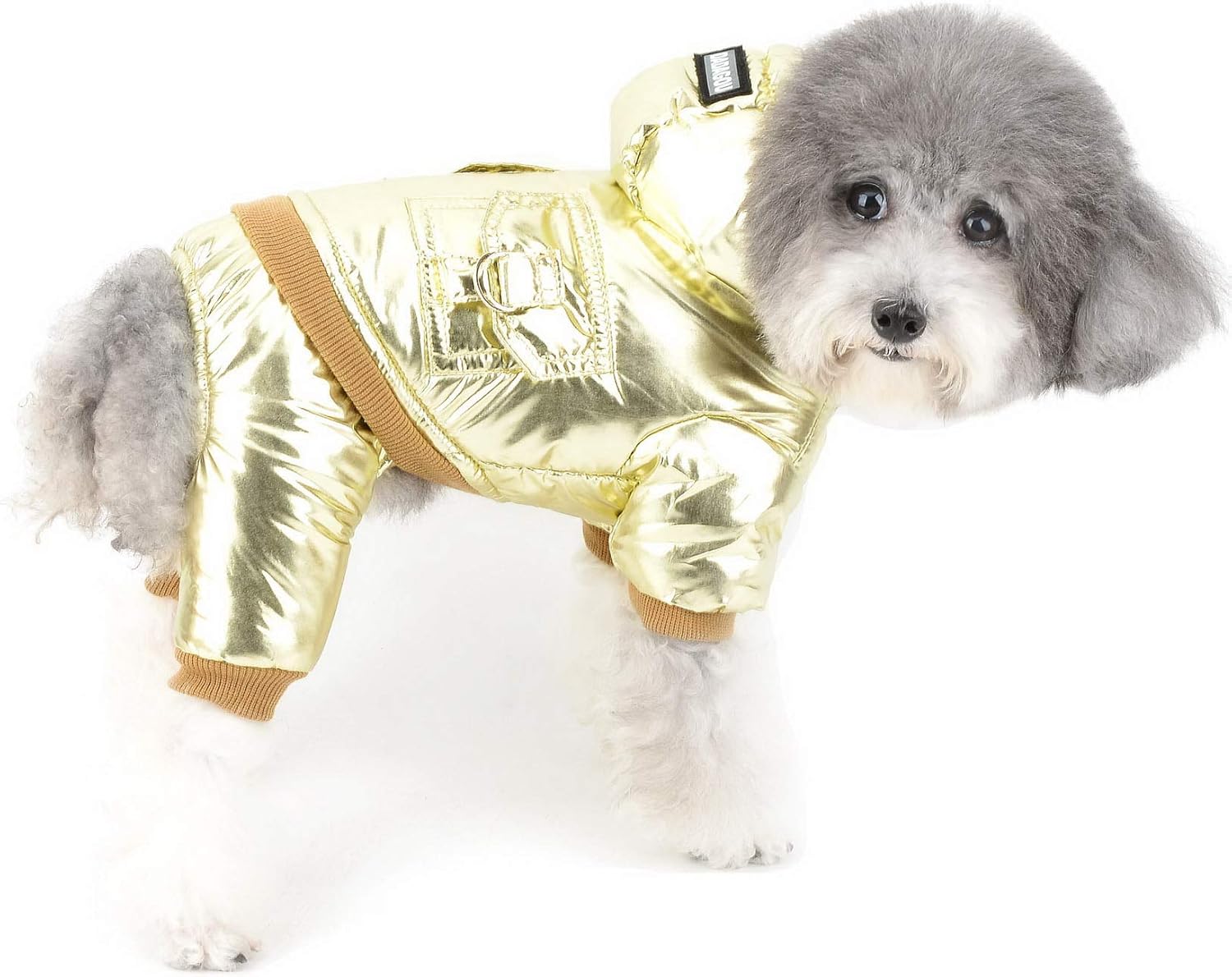 Zunea Holographic Small Dog Snowsuit Waterproof Winter Warm Hoodie Coat Thick Puppy Clothes with Legs Fleece Overalls Outfit Soft Cool Jumpsuit Cold Weather Romper Pet Chihuahua Apparel Gold XL