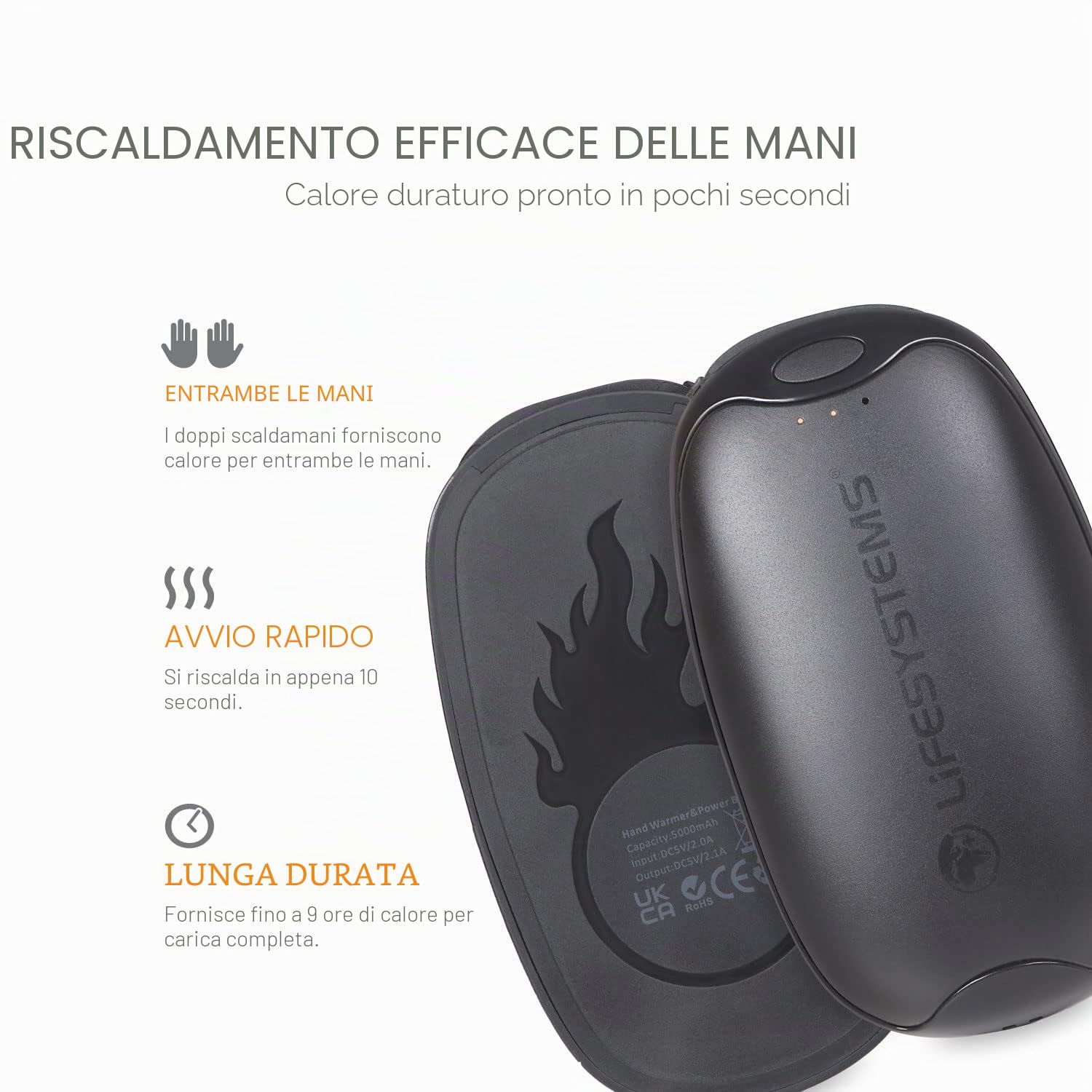 Lifesystems Rechargeable Twin-Pack Dual-Palm Hand Warmers With Power Bank Functionality, USB & USB C 2x 5,000 mAh Batteries, 3 Heat Settings, Up To 9 Hours Heat