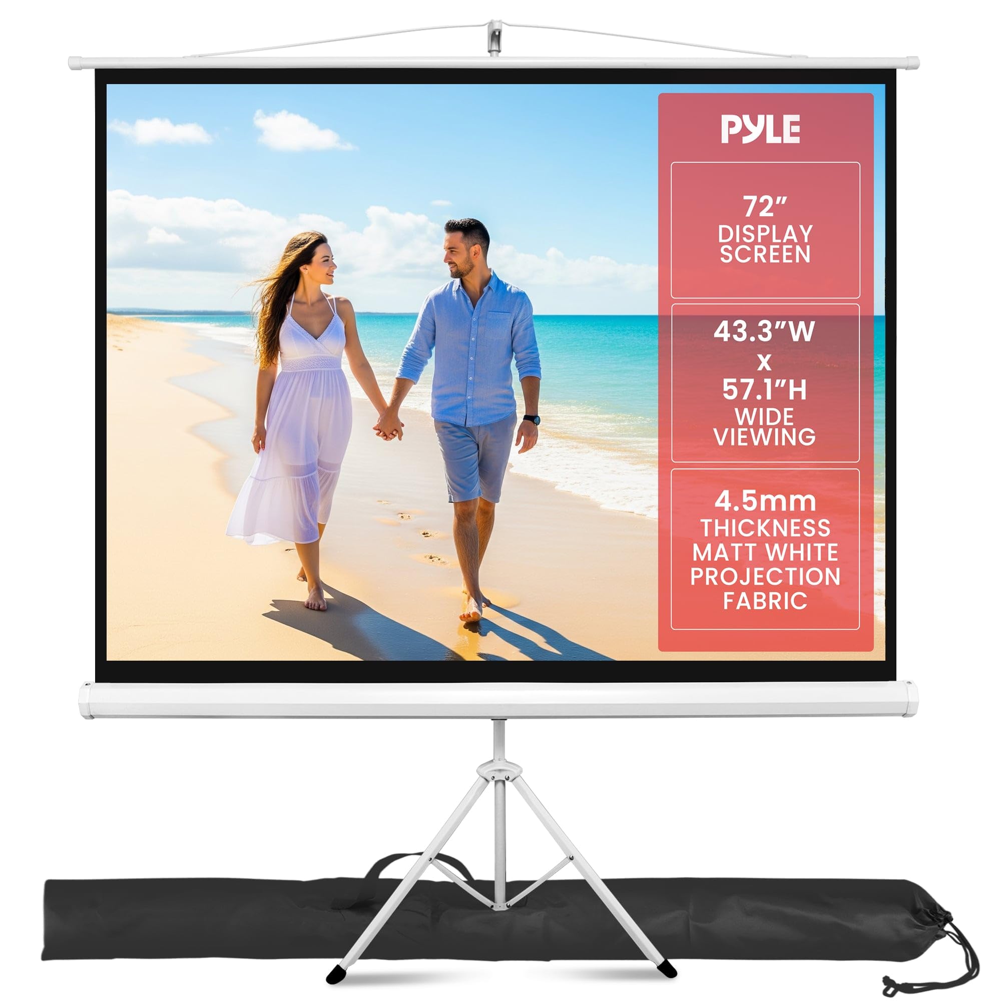 Pyle Upgraded Pyle 72" Projector Screen with Floor Standing Portable Fold-Out Roll-Up Tripod Manual, Mobile Movie Screen, Home Theater Cinema Wedding Party Office Presentation, Quick Assembly PRJTP72