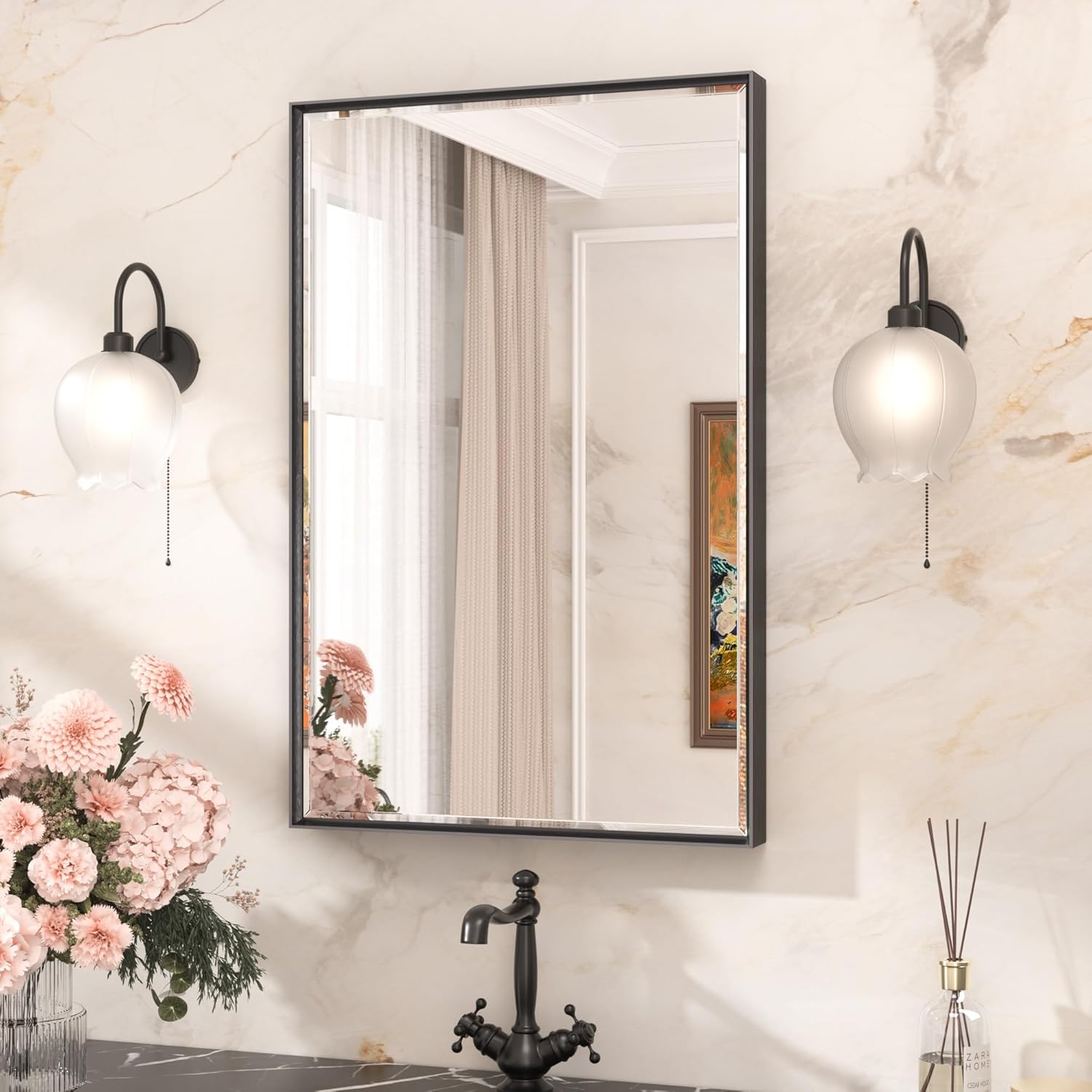 TETOTE Black Mirror for Bathroom 24 x 36 Inch Beveled Frame Mirror, Tempered Glass, Shatterproof, for Modern Bedroom, Entryway, Living Room 36"L x 24"W Matte Black