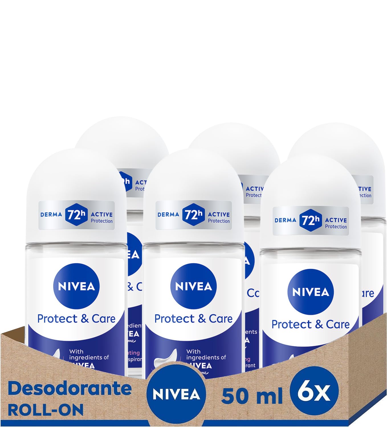 NIVEA Protect & Care Roll-on 6 Pack (6 x 50 ml), Antiperspirant Deodorant with NIVEA Creme Scent, Roll On Deodorant with 0% Alcohol