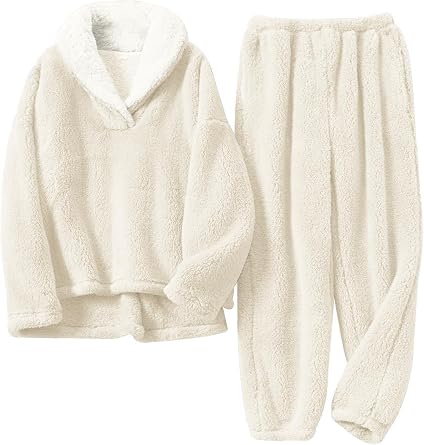 Muchpow Womens Fluffy Pajamas Set Winter Warm Fleece Oversized Pullover Fuzzy Pants Sets Plush Loungewear 2 Piece Pjs