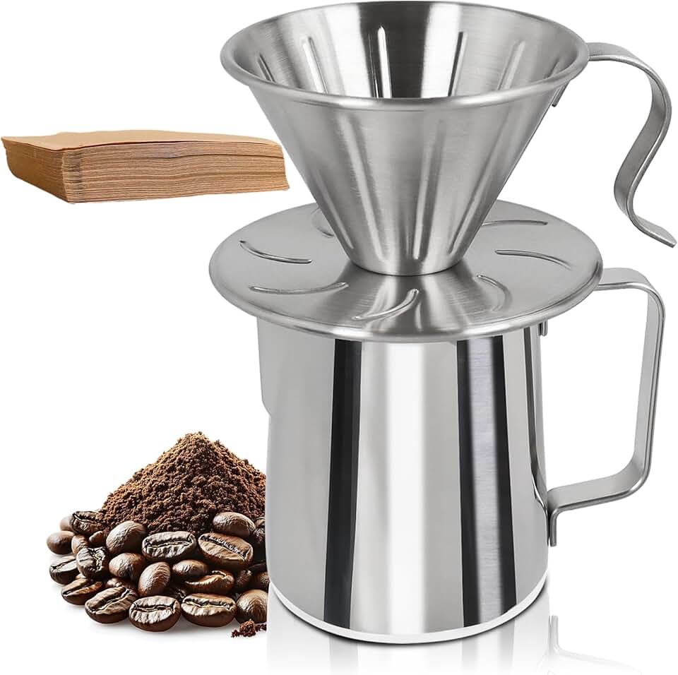 Máquina de café sem revestimento 600 ml, conjunto de cafeteira de gotejamento de aço inoxidável engrossado 304 com 50 peças de filtros de papel cone V60 jarra gotejadora manual para acampamento em