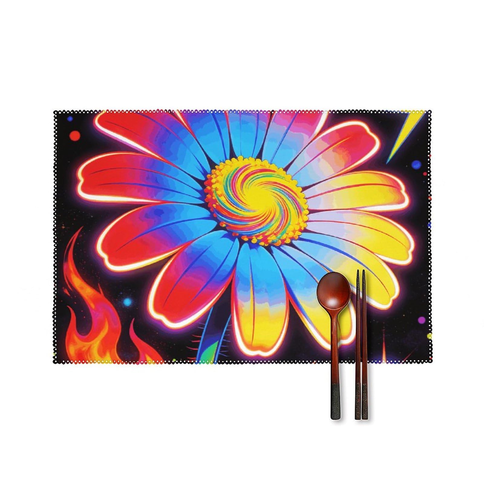 Neon Fireworks Placemats Set of 6, 12x18 Inch Heat Resistant Washable Canvas Table Mats, Stain Resistant Decorative Dining Placemats for Kitchen, Restaurant, Outdoor Party