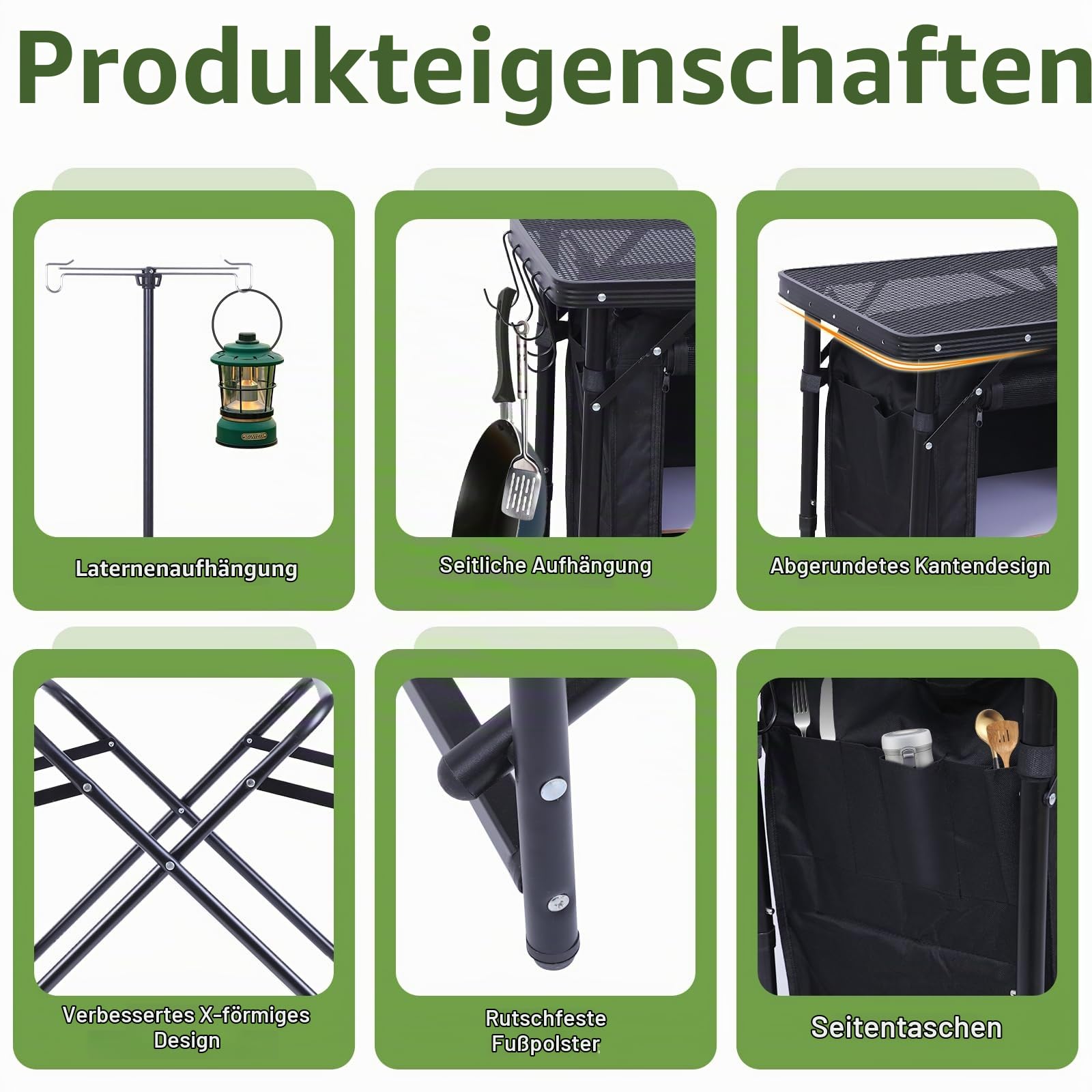 Nice C Camping-Küchenstation, klappbarer Campingtisch, Grilltisch mit Windschutz, Lampenhalter, Organizer und Tragetasche, Schwarz