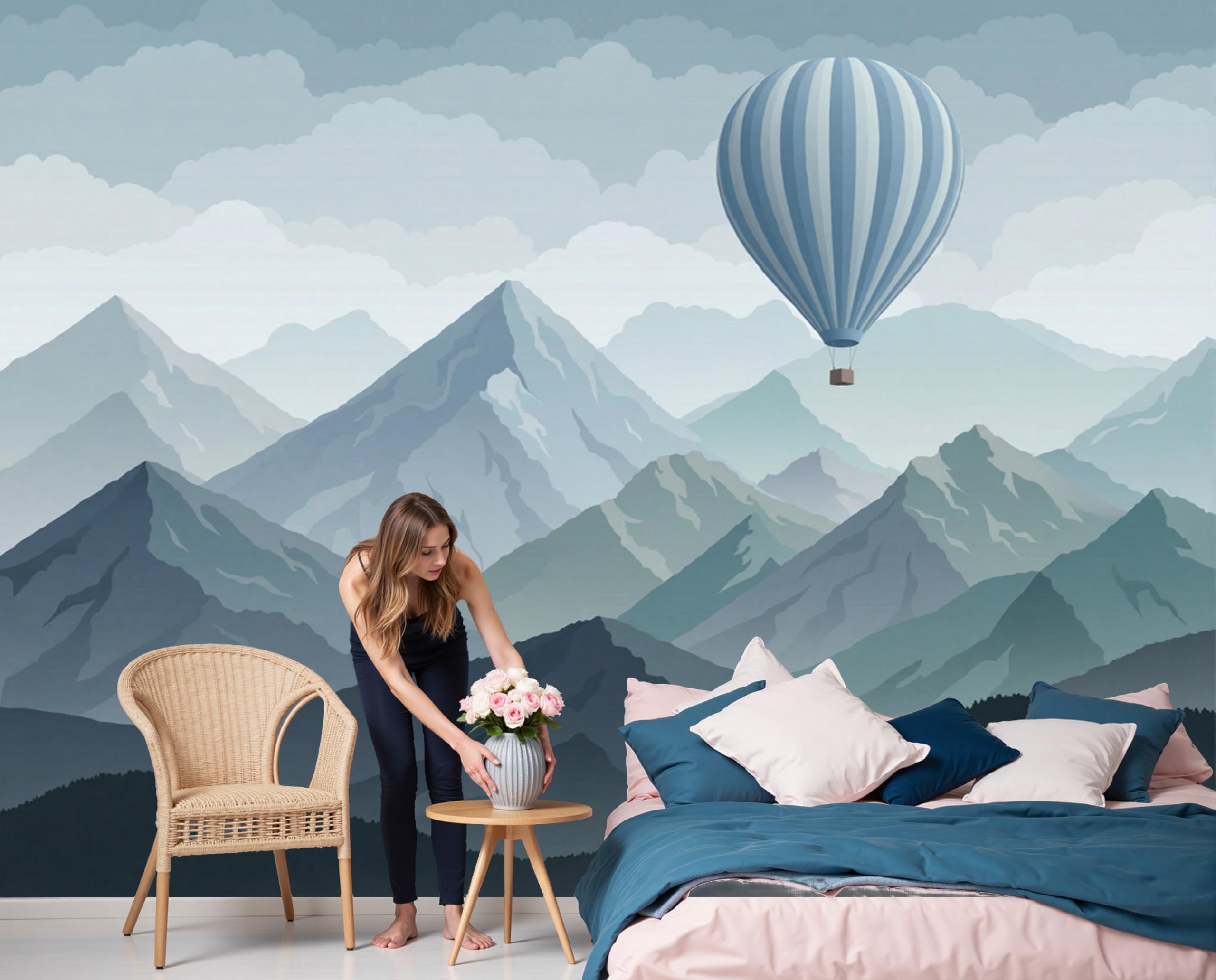 Papier peint panoramique intissé pour chambre d'adulte décor montagne aquarelle