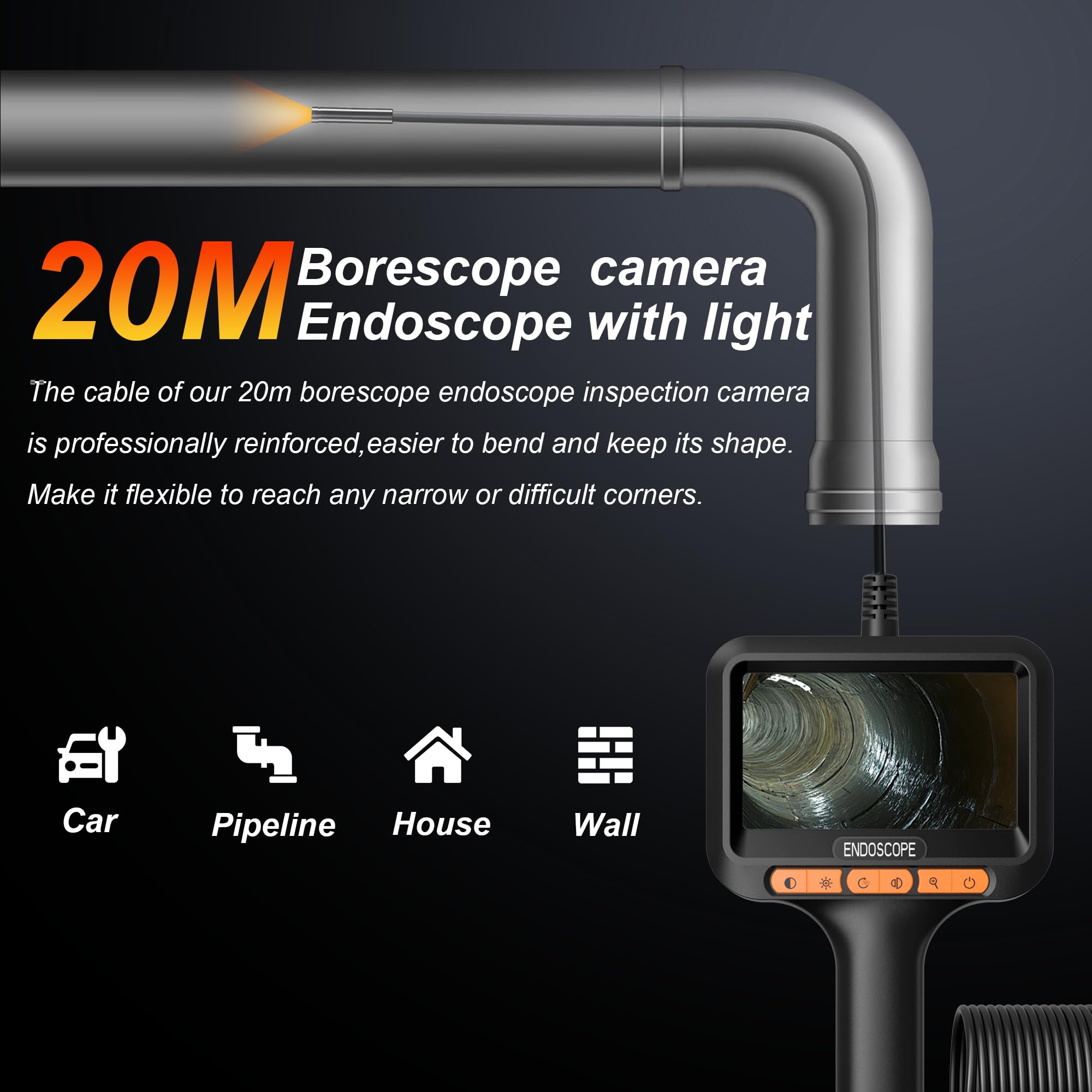 Endoscopio 20M, Telecamera Endoscopica con Schermo da 4.3 Pollici