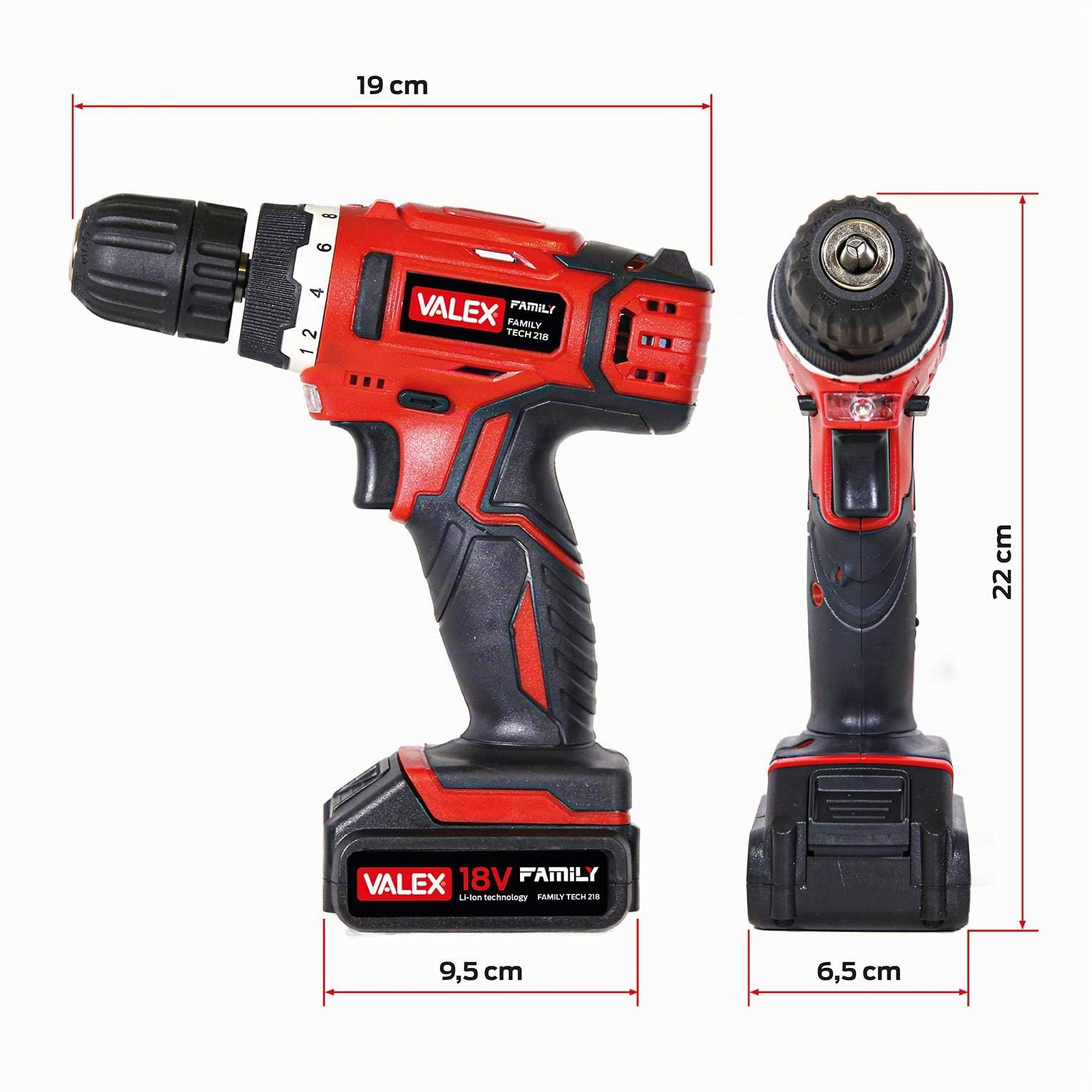 Valex 1429387 Trapano Avvitatore a Batteria al litio 18V FAMILY-TECH 218, in Valigetta, 0-650 Giri/min, 2 Batterie incluse, Rosso, 3/8_pollice