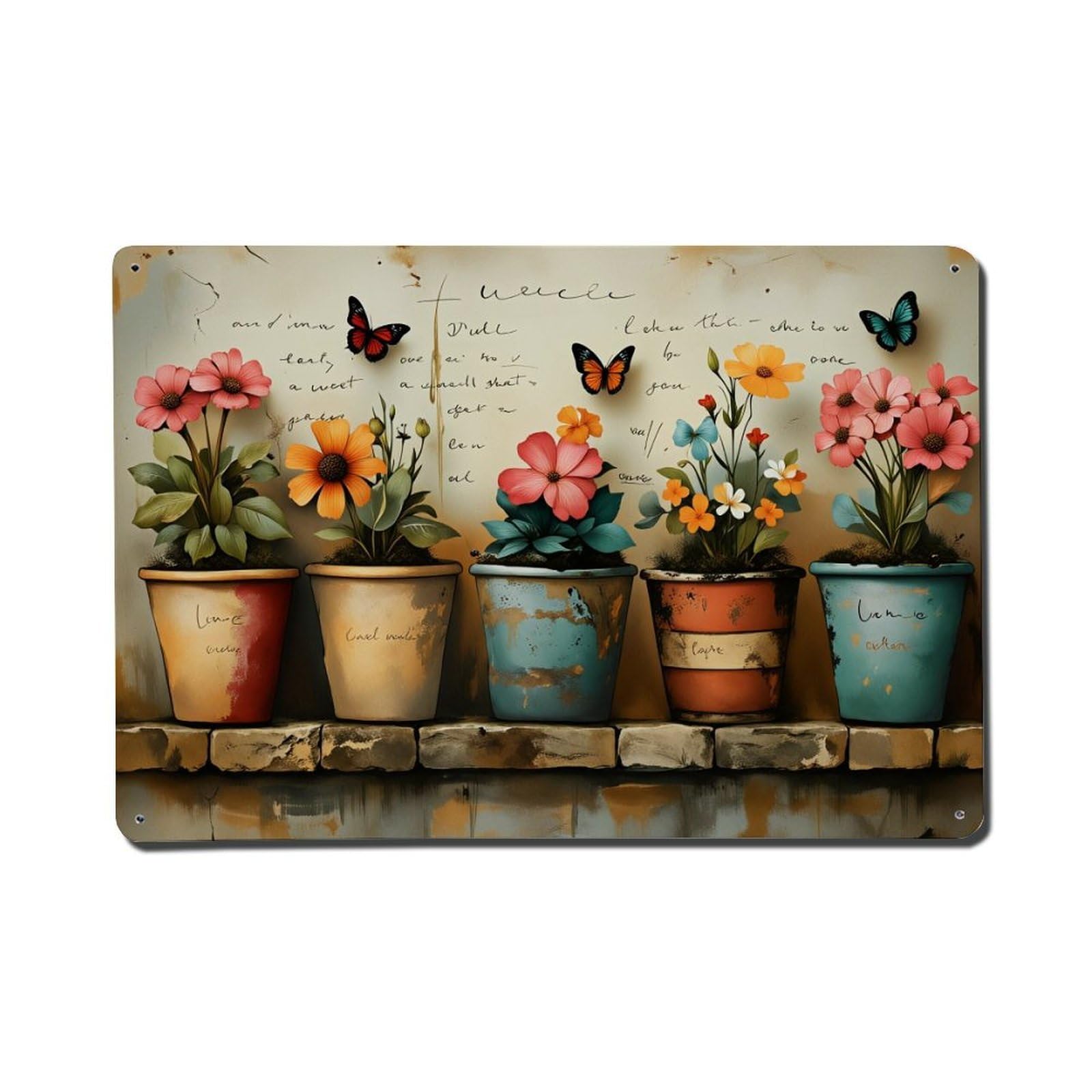Enderetf Vintage Floral Pots Butterflies Script Wall Tin Sign Metal Poster, Home Bar Garage Man Cave Cafe Indoor & Outdoor Wall Decoration 8X12inches
