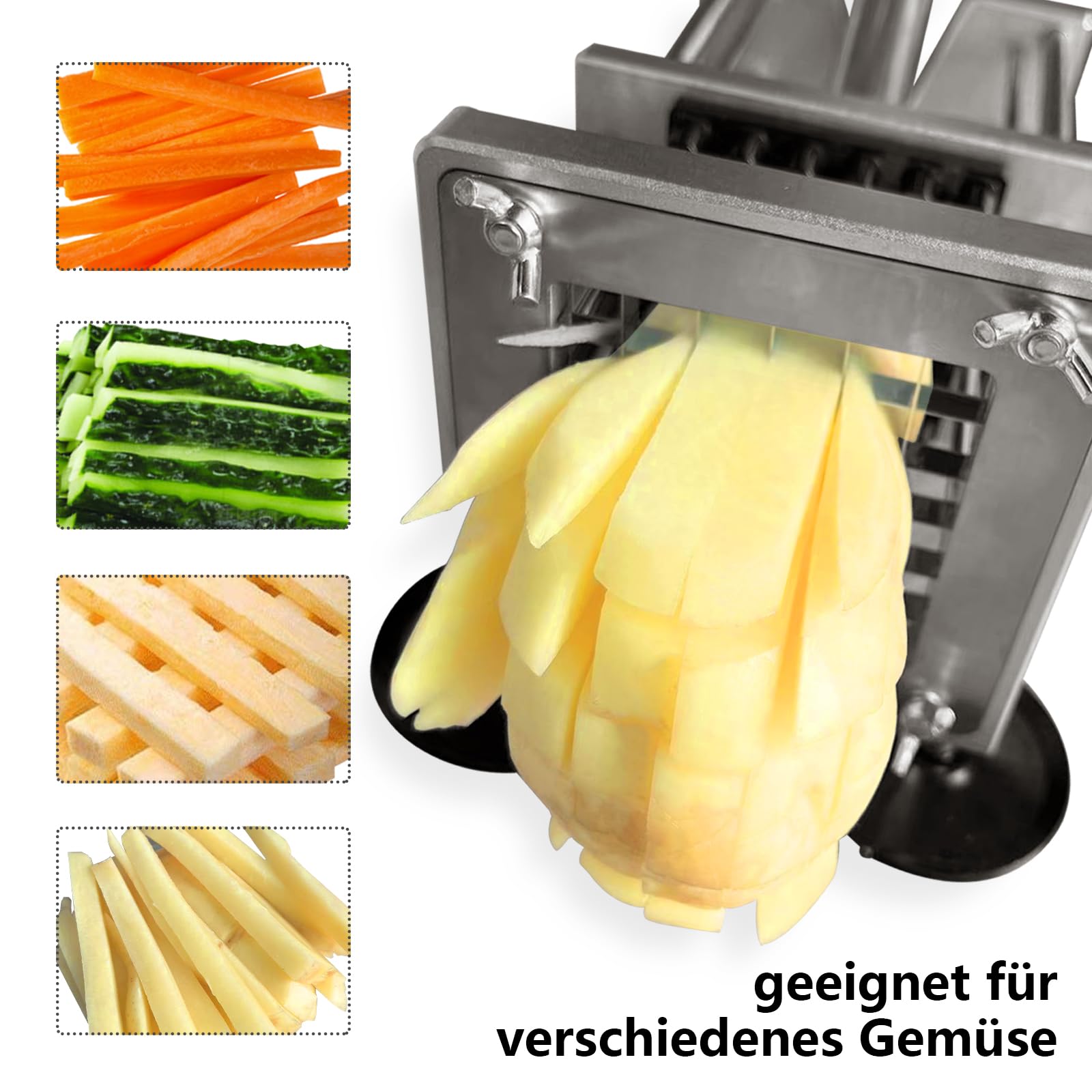 Pommes Frites Schneider, Kartoffelschneider mit abnehmbarem Griff, Edelstahl Kartoffelschneider mit 9mm,12mm Klingen mit 4 Saugfüßen für Kartoffel, Karotte, Gurken