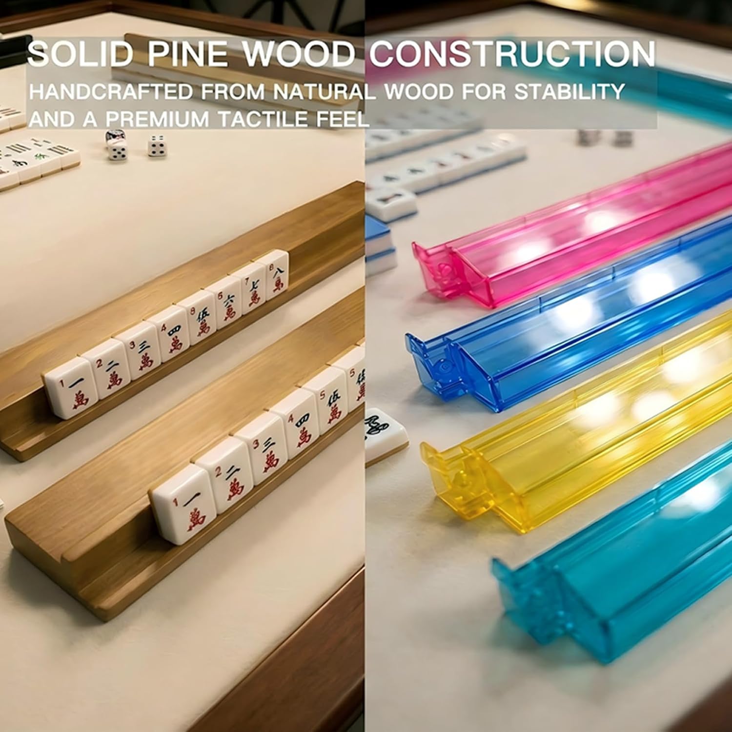 Magnetic Mahjong Racks with Pushers 4-Set Pine Walnut Finish | These wooden mahjong racks with pushers feature durable pine and strong magnets for stable family game nights, bag included.