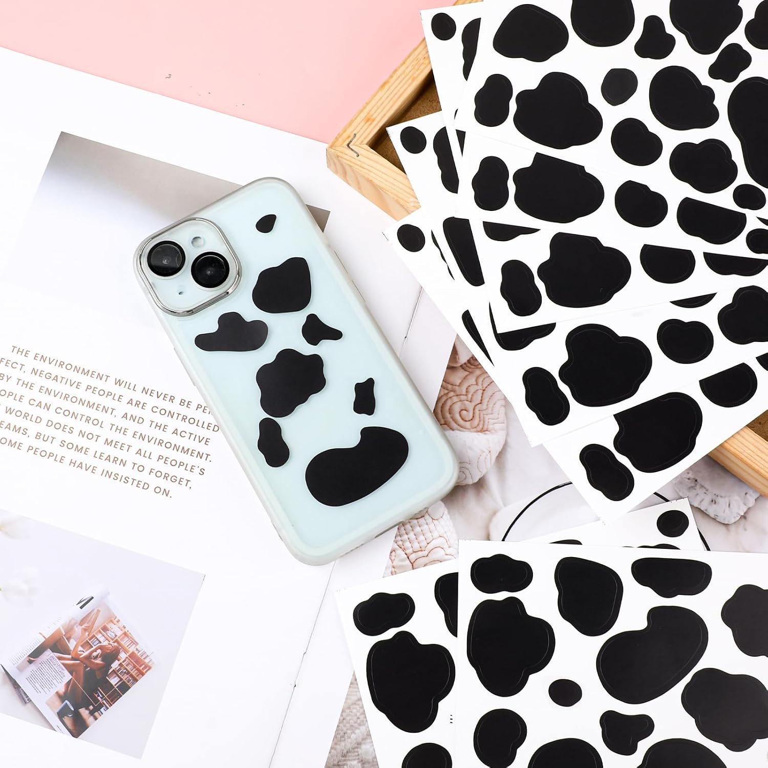 Thinp 340 Pcs Cow Print Stickers, Waterproof Vinyl Self-Adhesive Black Vinyl Wall Peel and Stick Decor for Wall, Cars, Cups, DIY Crafts, Cow Theme Party Decor