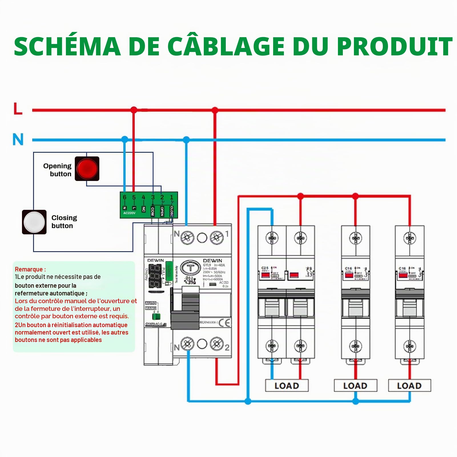DEWIN Disjoncteur Réarmement Automatique, Disjoncteur à Rearmement Automatique 2P 40A 30mA 230V RCCB Différentiel Réarmement Automatique Type AC avec affichage LED et témoin lumineux
