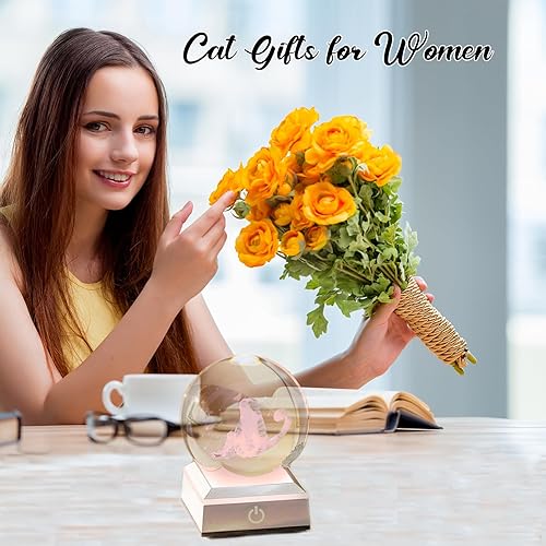 Miniatura 6 de ERWEI Bola de cristal de gato 3D con base iluminada, regalos de gato para mujeres, amantes de los gatos, bola de vidrio decorativa con luz nocturna,
