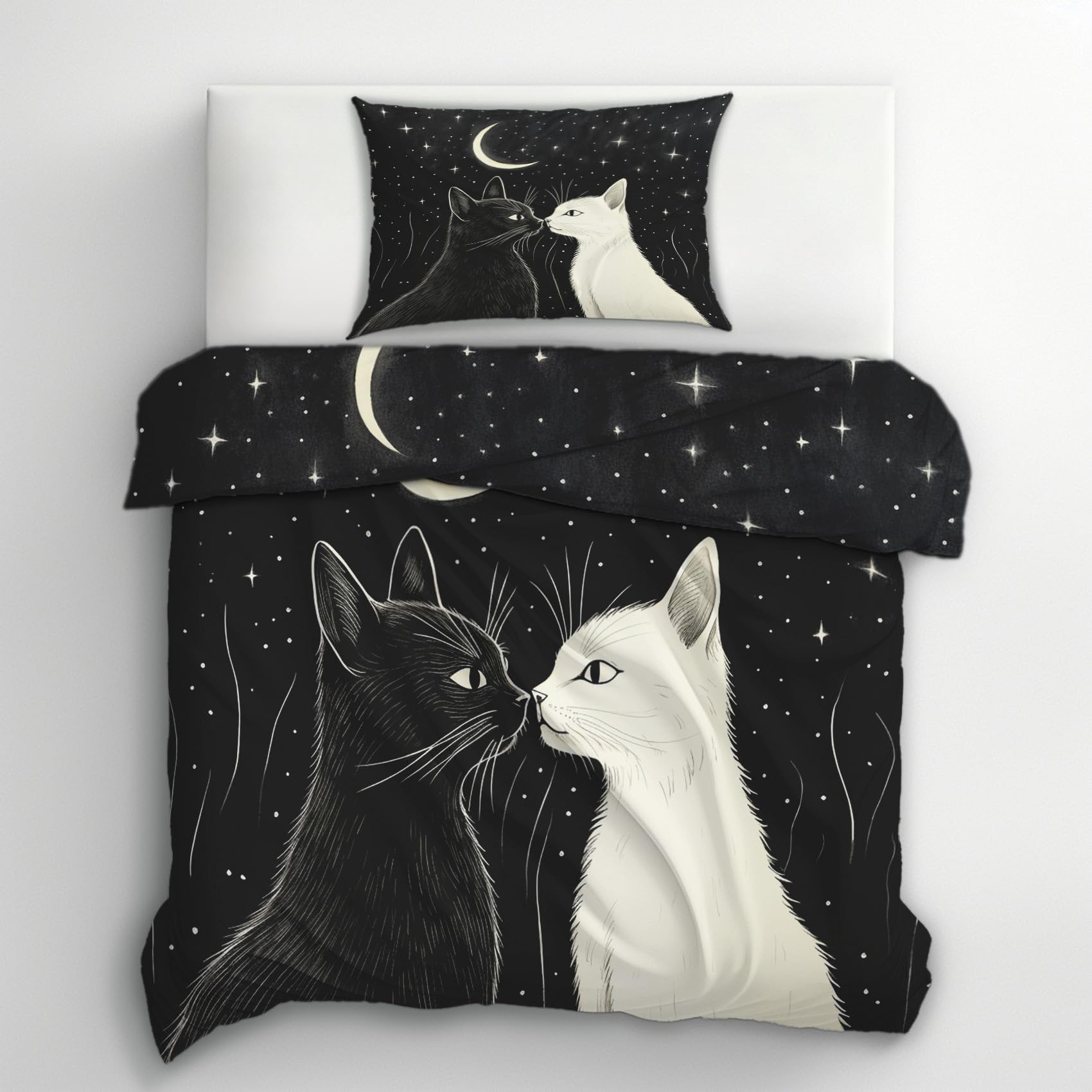 Generisch Bettwäsche 135x200 Katze Schwarz Weiß, Witchy Sternenhimmel Bettbezug 135x200 2 Teilig, mikrofaser Bettwäsche mit Reißverschluss und 1 Kissenbezüge 80x80cm, Schlafzimmer Deko Katze - to178