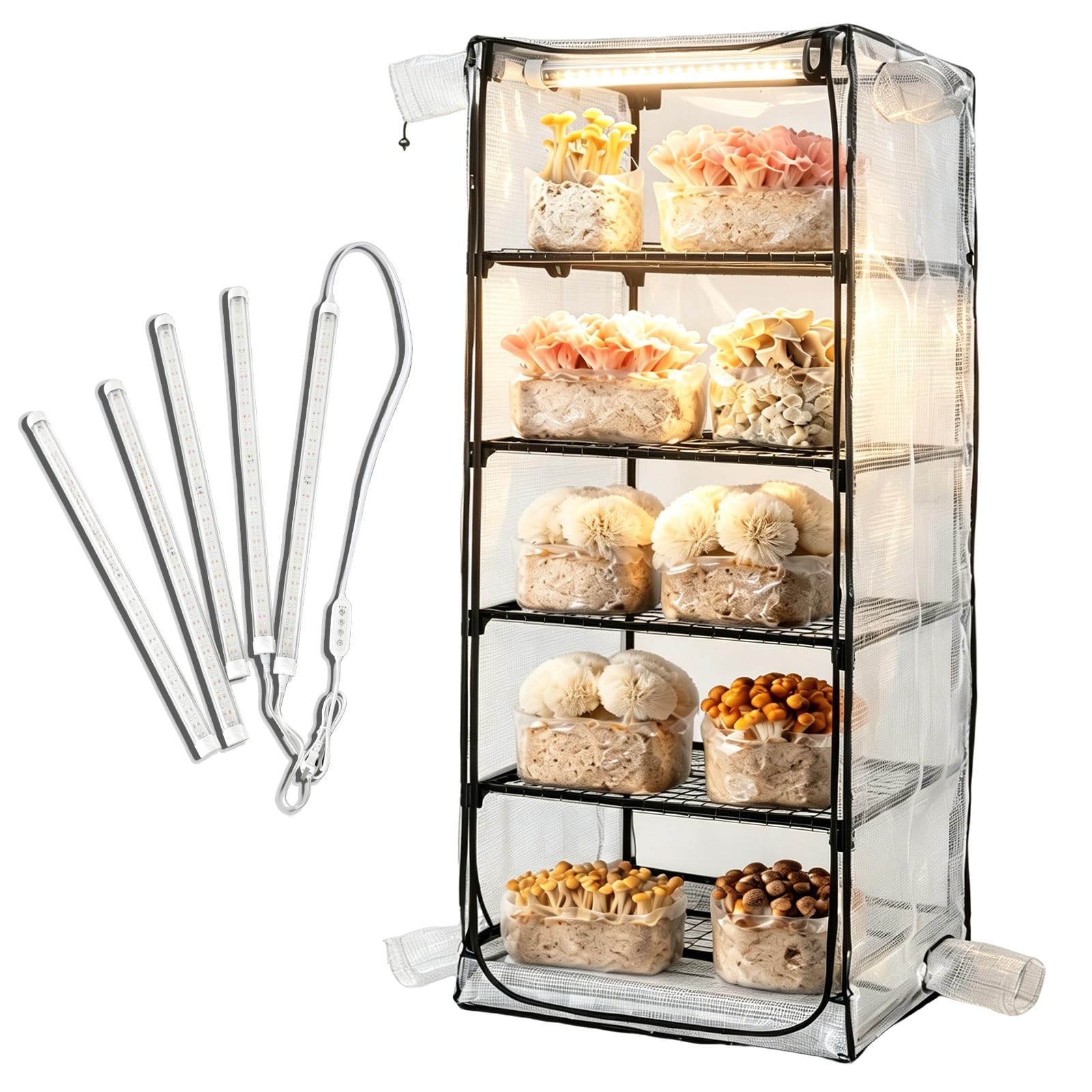 Tienda de cultivo de hongos con 96 luces LED de configuración de espectro completo y temporizador, tienda Martha para hongos, mini invernadero para interiores, se adapta al humidificador, se adapta a