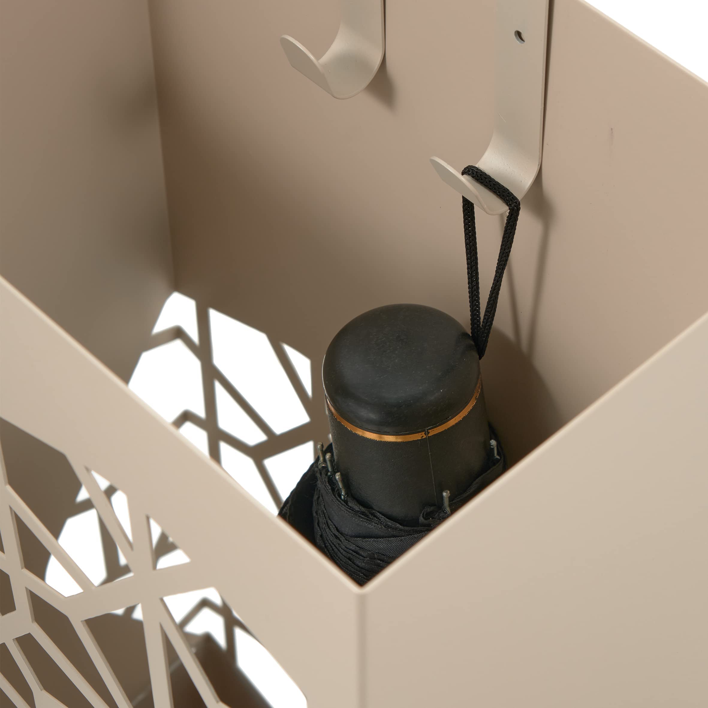 Baroni Home Modernes Design Schirmständer aus Metall, quadratisch, 2 Innenhänger, abnehmbarer Regenwasserschale, Taupengrau, 25x15x50 cm