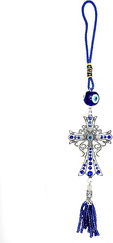 Miniatura 8 de LUCKBOOSTIUM Adorno colgante con dije de cruz con centro de mal de ojo y cristal azul y borlas, letrero para buena suerte, salud y protección