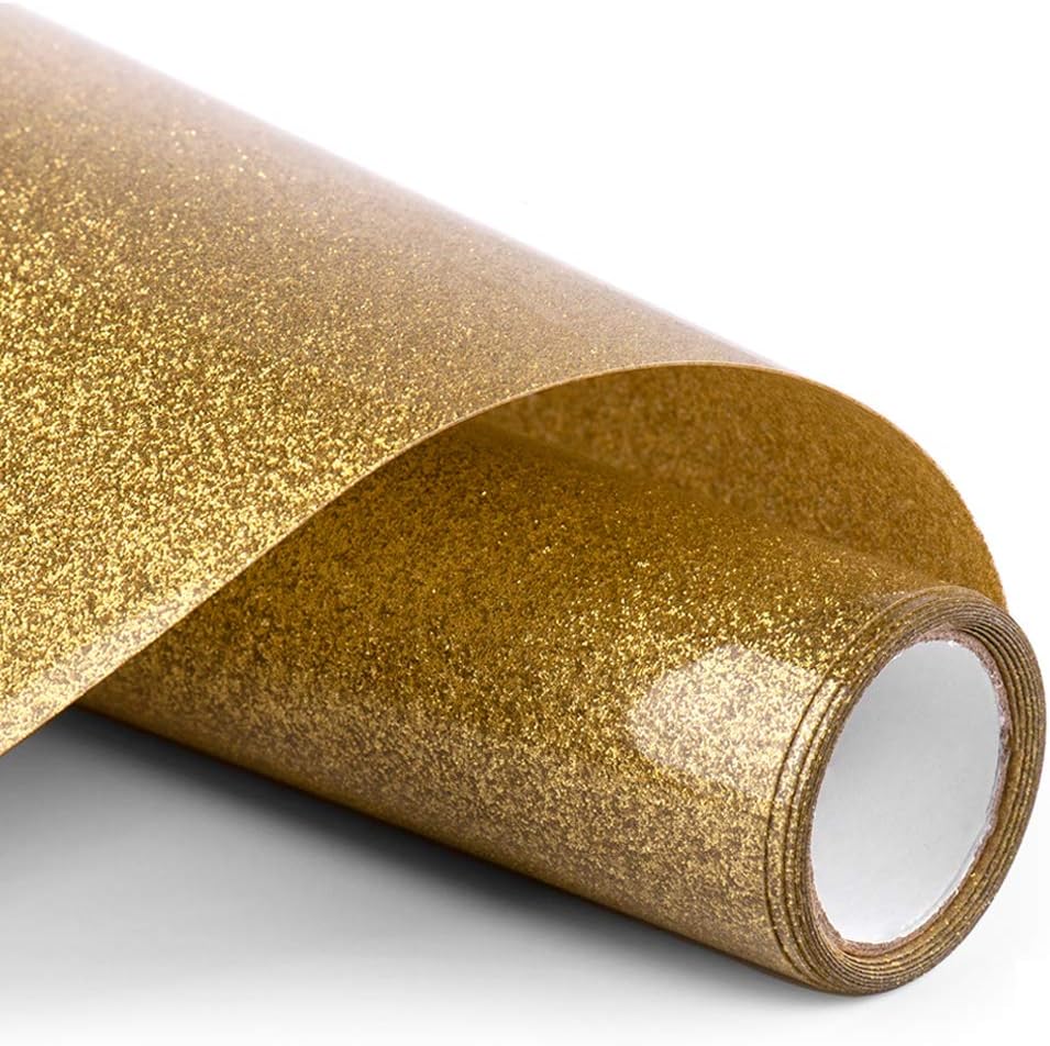 Glitter HTV Vinyl - 12 inch x 5ft PU Heat Transfer Vinyl roll Easy to Cut & Weed and Transfer, Iron On Htv Vinyl Design for T-Shirt, Clothes and Other Textiles(Golden)