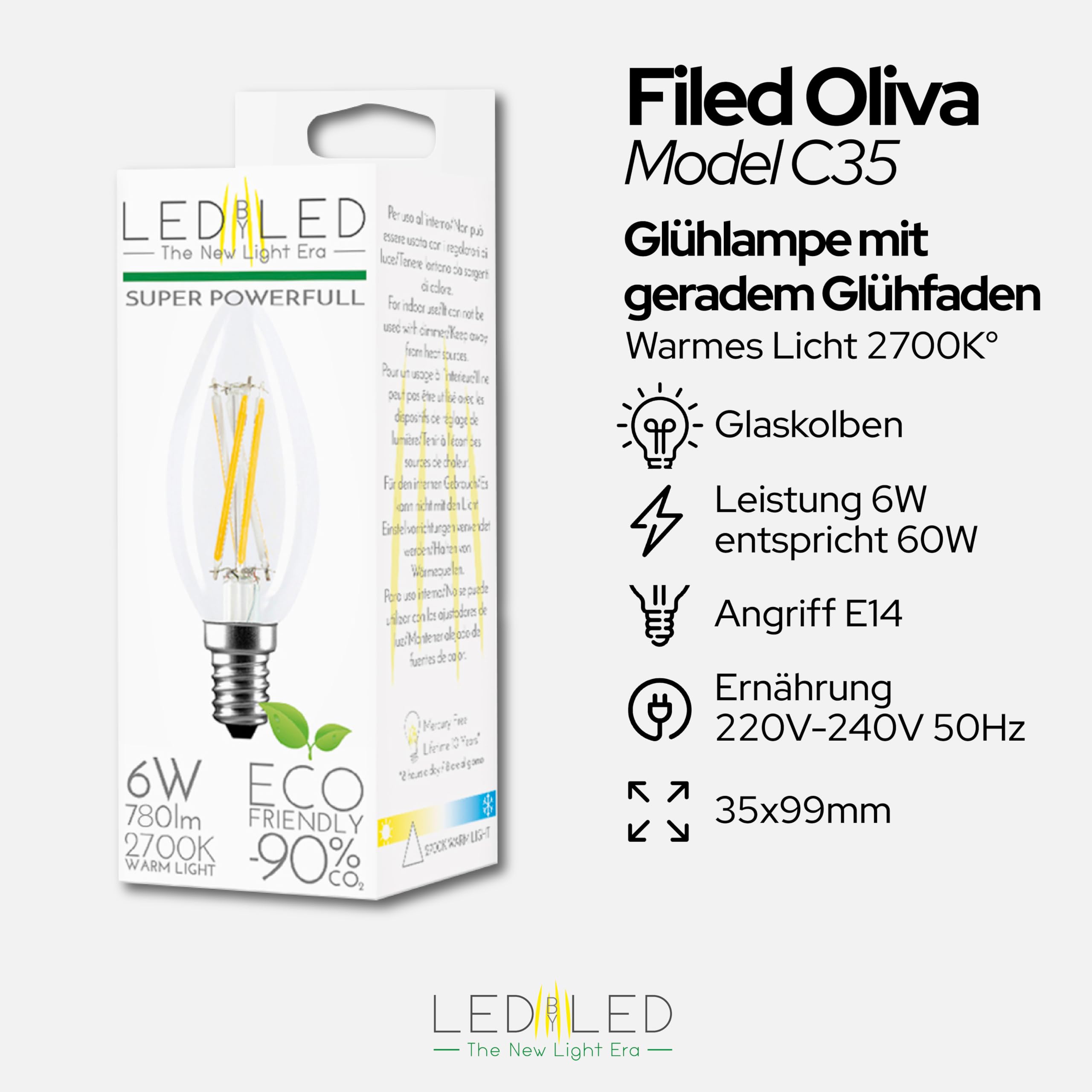 Olivenförmige Glühbirne 6 W entspricht 60 W, E14, transparentes Glas, 2700 K warmes Licht, gerader LED-Glühfaden, 780 Lumen, 10er-Pack
